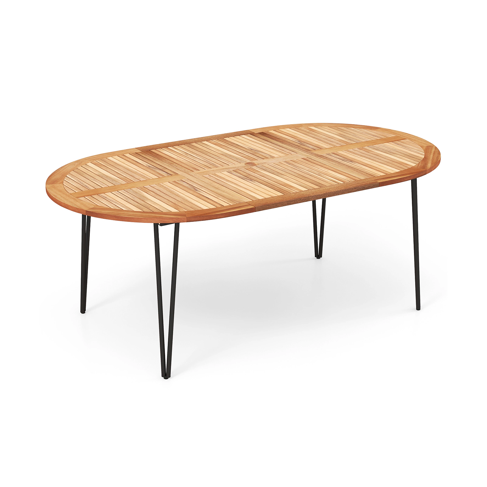 SUGIFT 79-in Oval Acacia Wood Patio Dining Table with Umbrella Hole 330-lb Capacity for 8 People Natural & Black
