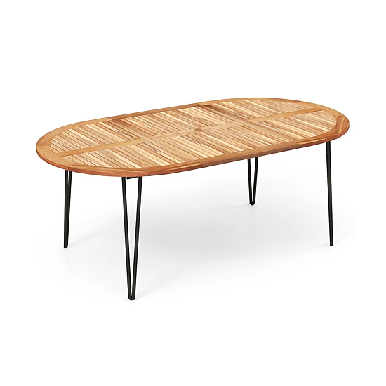 SUGIFT 79-in Oval Acacia Wood Patio Dining Table with Umbrella Hole 330-lb Capacity for 8 People Natural & Black