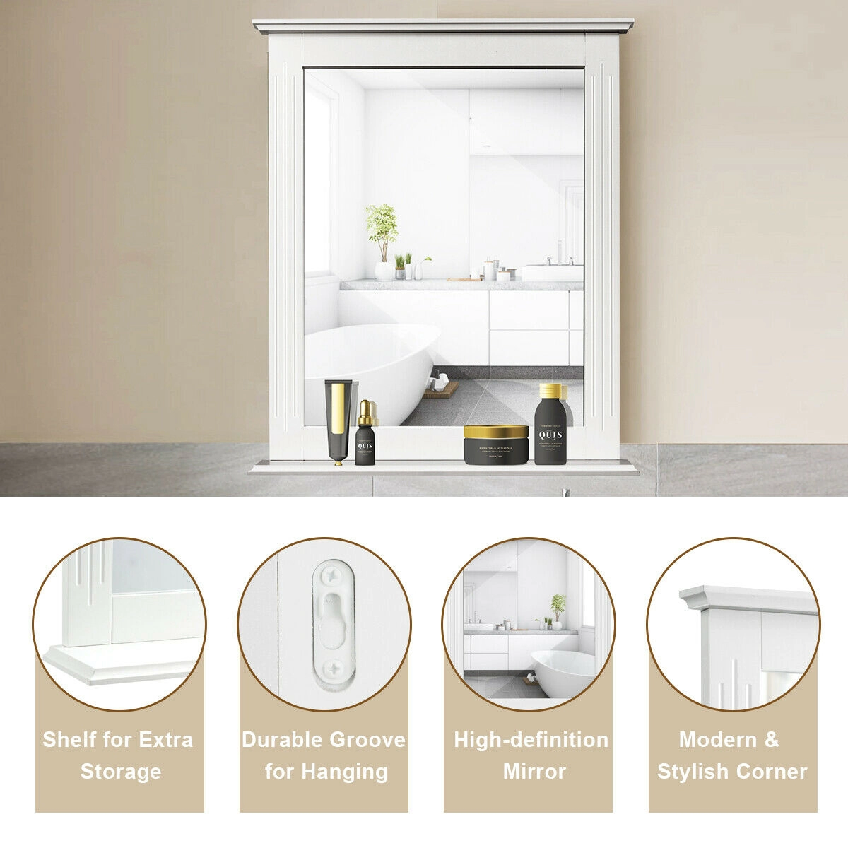 SUGIFT Wall-Mounted Multipurpose Vanity Mirror with Storage Shelf 27-in Tall Brown/Gray