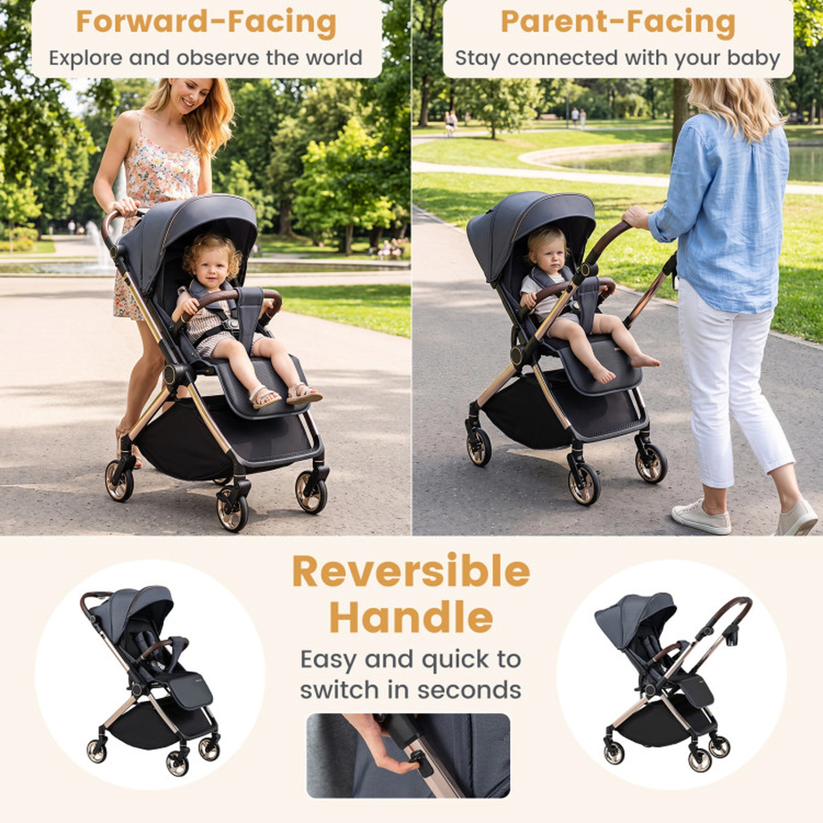 SUGIFT Gray 55-lb Capacity Foldable Aluminum Baby Stroller with Reversible Handle and Quick-Release Wheels