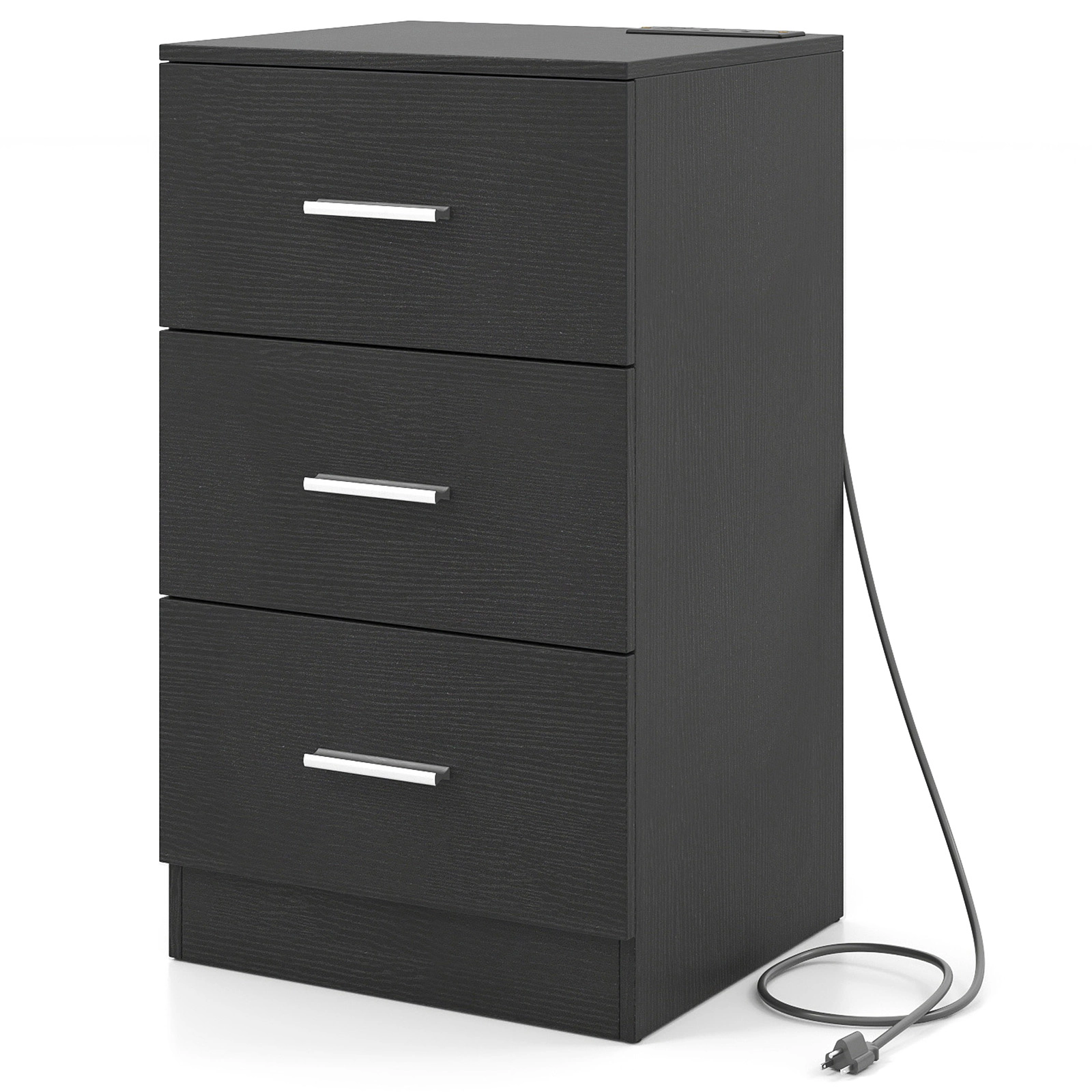 SUGIFT Nightstand Charging Station End Table 3 Storage Drawers 44-lb Countertop Capacity 22-lb Drawer Capacity Black