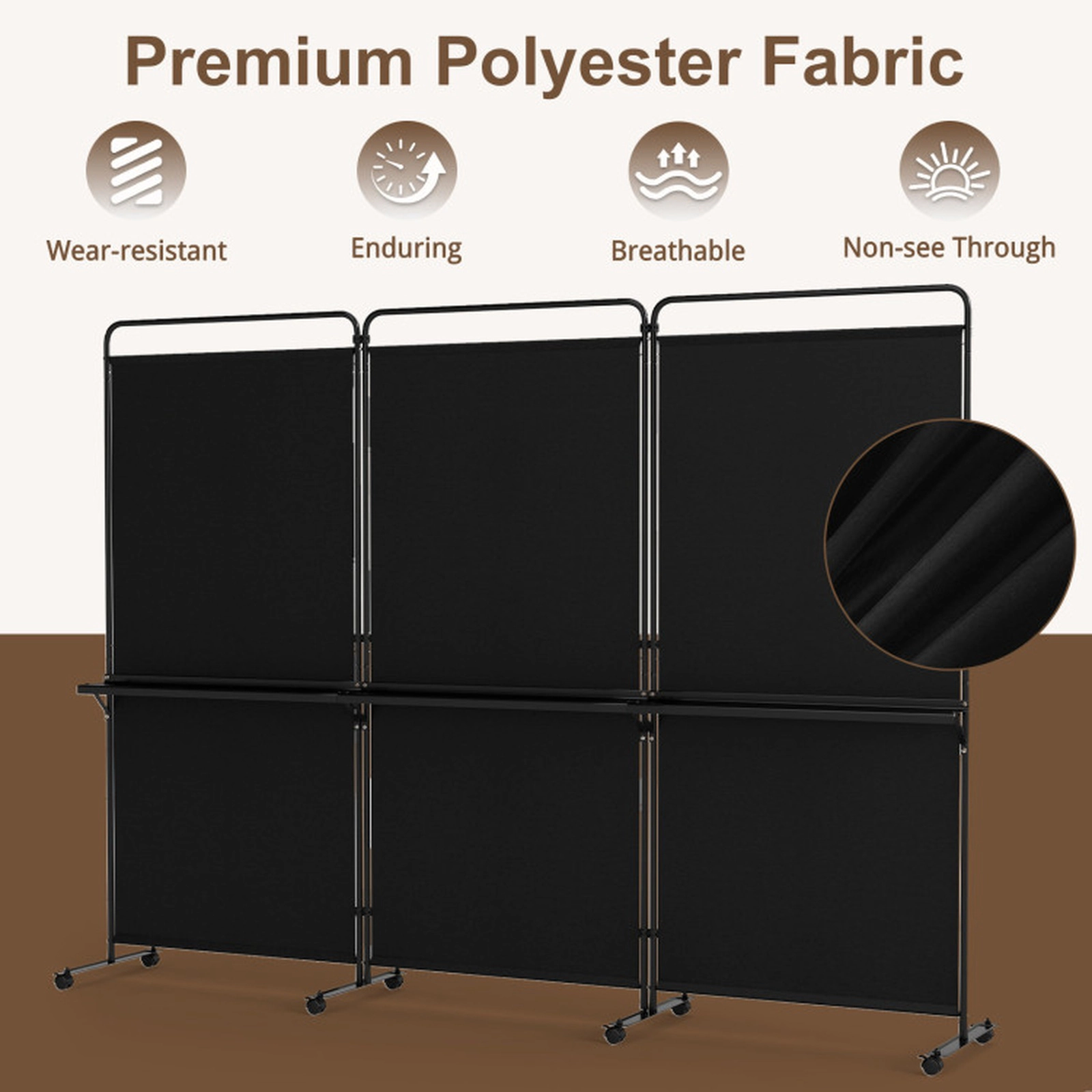 SUGIFT Black 3-Panel 74-in Tall Folding Room Divider with 3 Metal Shelves and 8 Lockable Universal Wheels