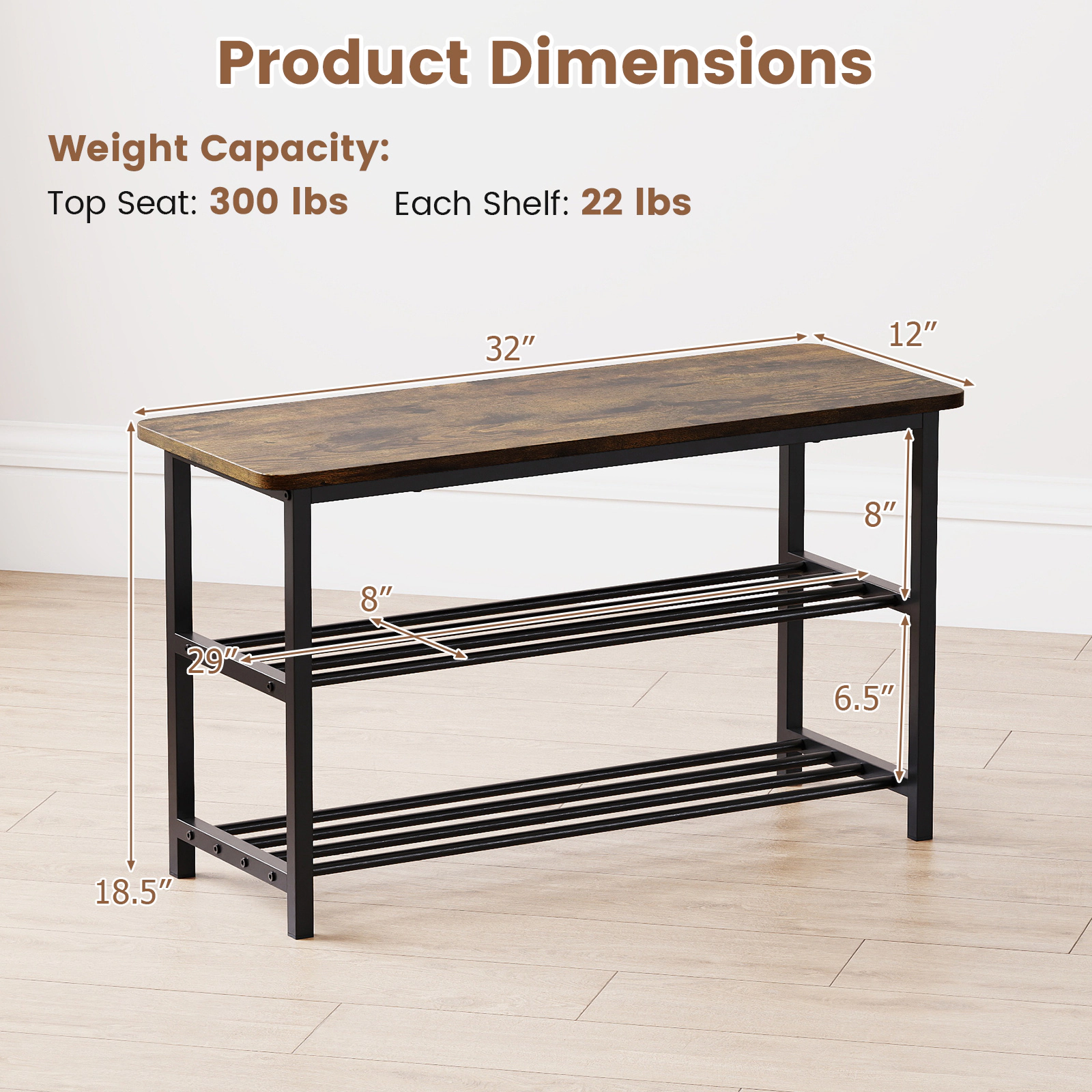 SUGIFT 3-Tier Shoe Rack Bench with Metal Slat Shelves and Long Wooden Seat 300-lb Top Seat Capacity Rustic Brown + Black