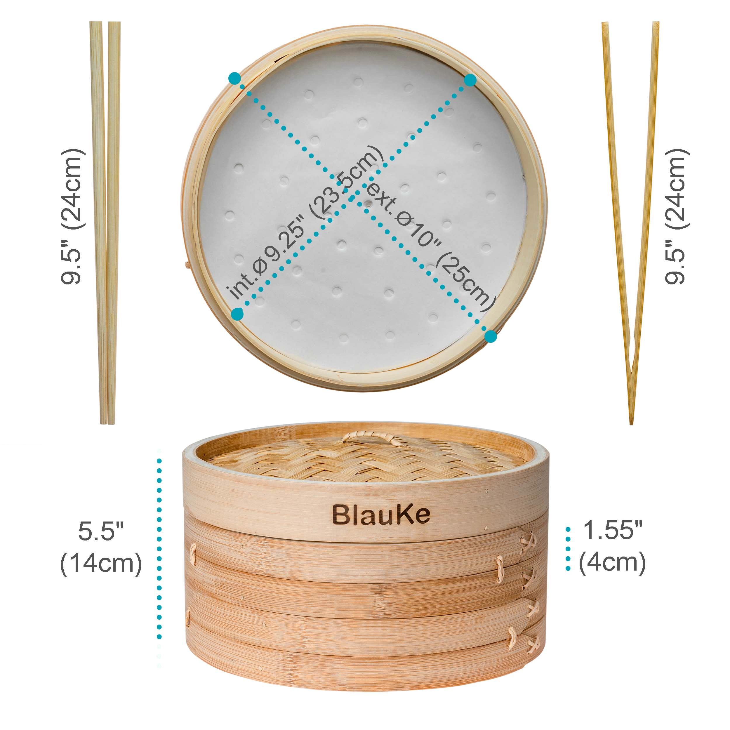 Bamboo Steamer for Cooking Dumplings, Veggies, Fish, Rice - 2 Pairs Chopsticks, Tongs, 50 Paper Liners