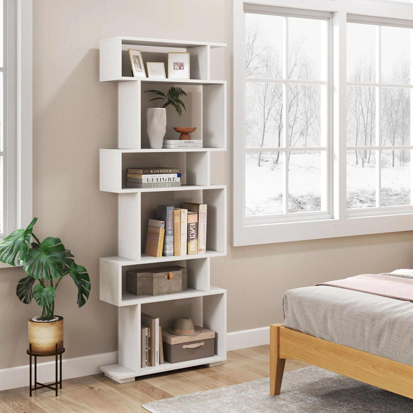 SUGIFT 6-Tier White 64-in Narrow Geometric Bookshelf with Display Shelves and 2 Anti-Tipping Kits for Bedroom
