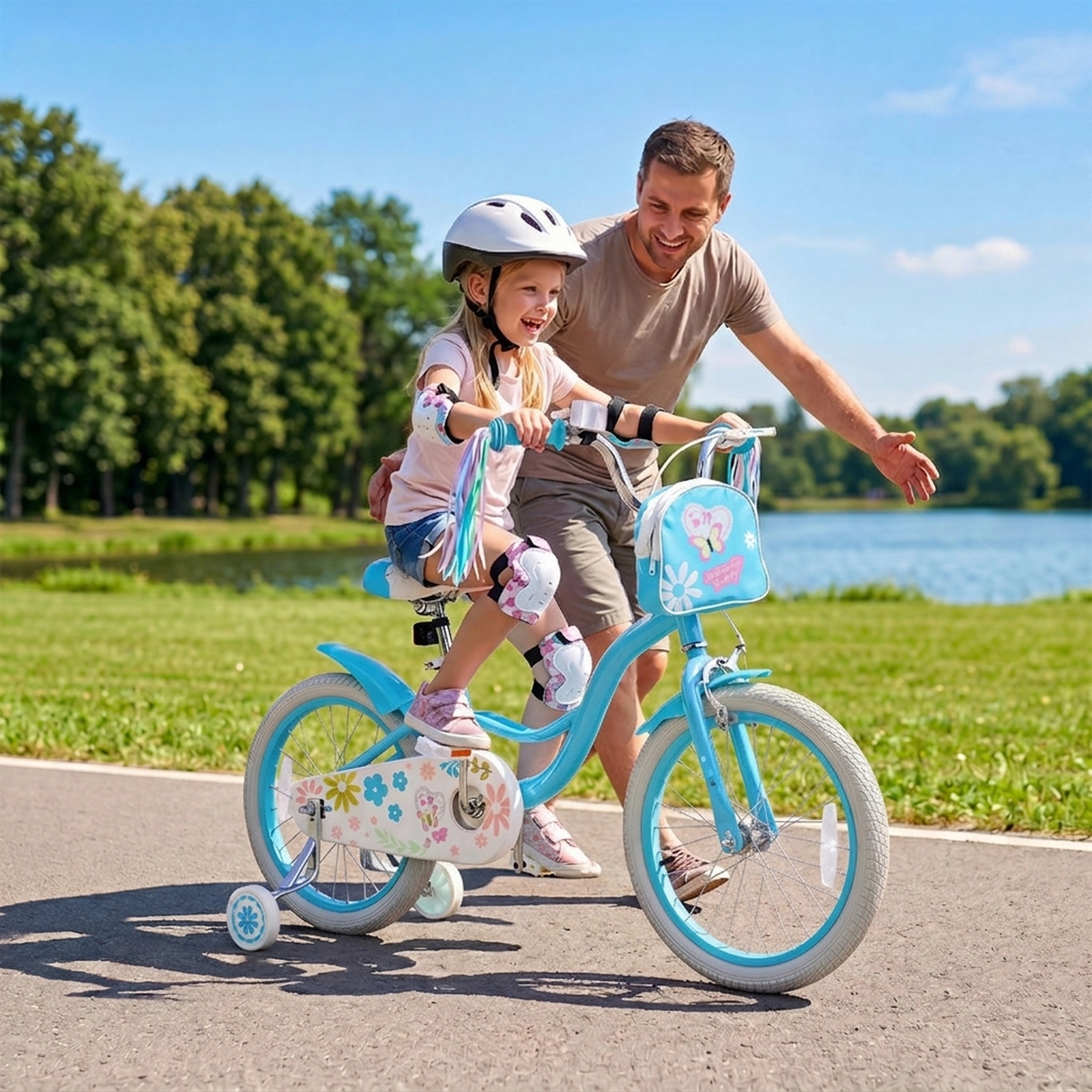 SUGIFT Blue Training Wheels Front Bag Streamers and Kickstand Girls 18 Inch Bike