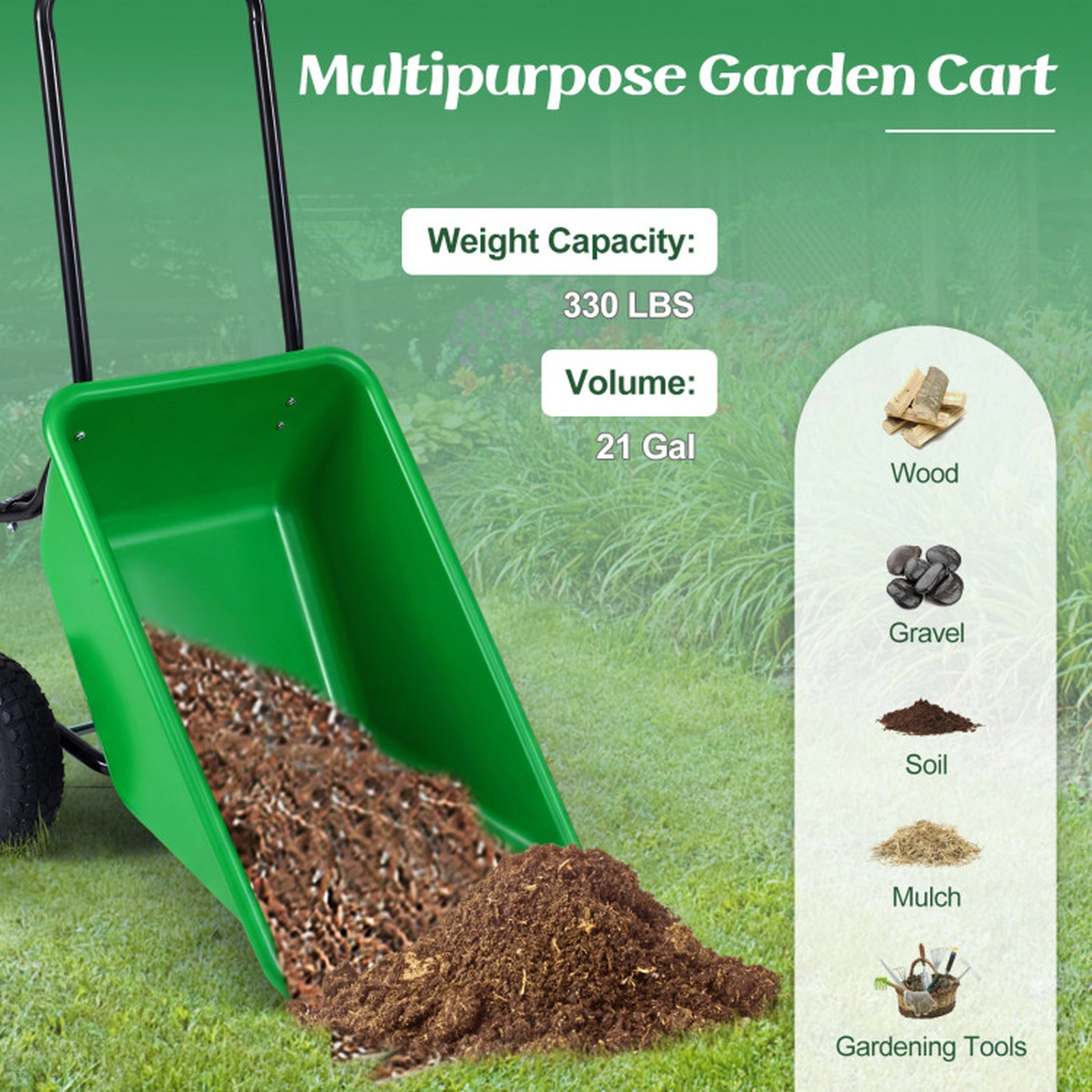 SUGIFT Dual-Wheel Wheelbarrow Garden Utility Cart with Pneumatic Tires 330-lb Capacity 21-gal Hopper Light Green