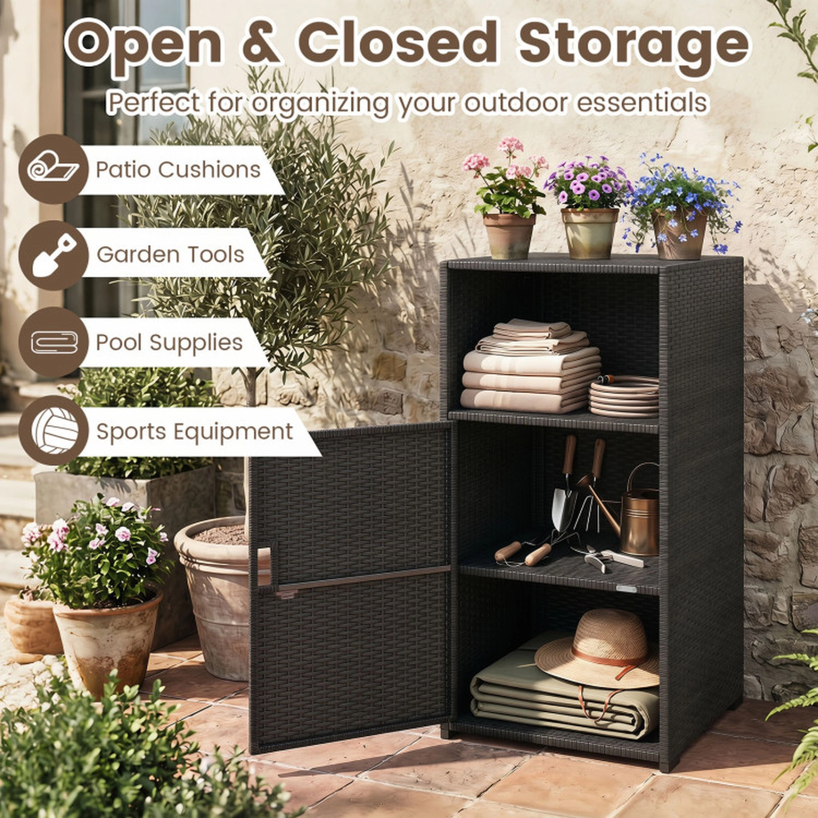 SUGIFT Black Hand-Woven PE Rattan Outdoor Storage Cabinet with Door Open Compartment and 66-lb Tiers