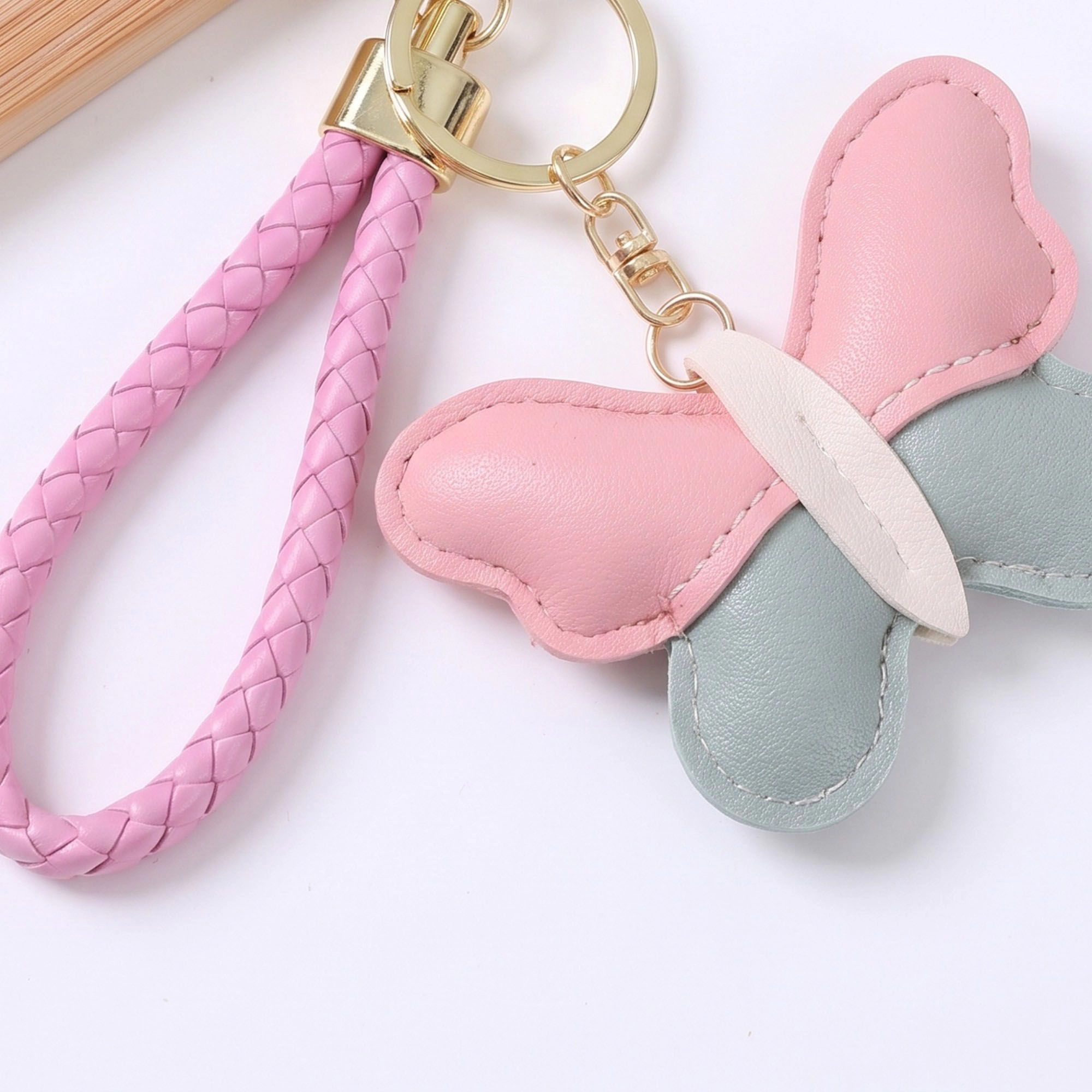 Alilang Women's 2-Piece Womens Faux Leather Bag Charm Keychain with Braided Wrist Strap and Gold Tone Ring