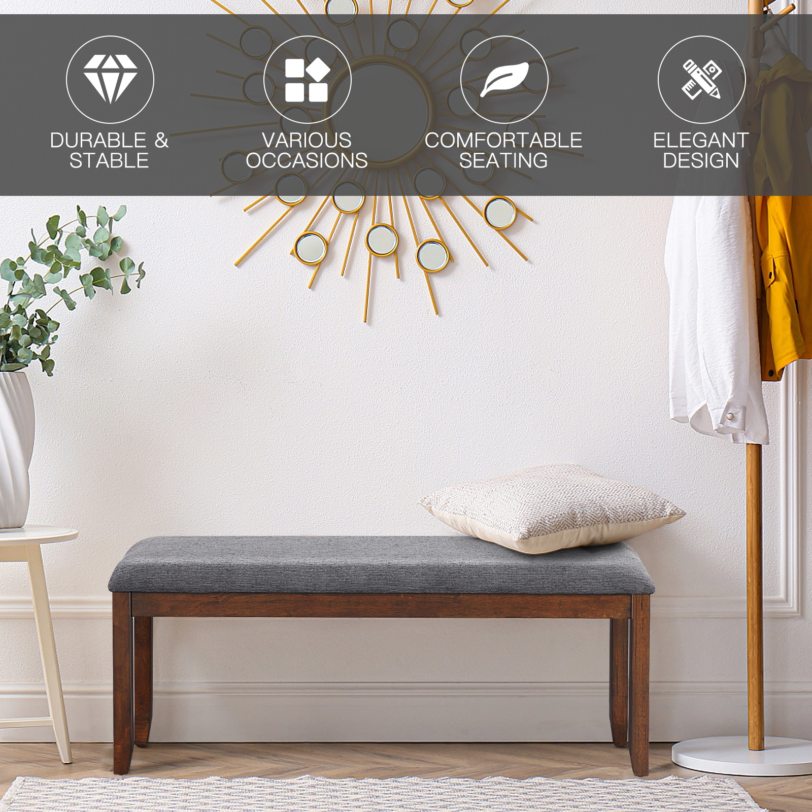 Glintex 47.5-Inch Linen Dining Bench with Rubber Wood Legs and 573-Lb Capacity, Gray & Brown