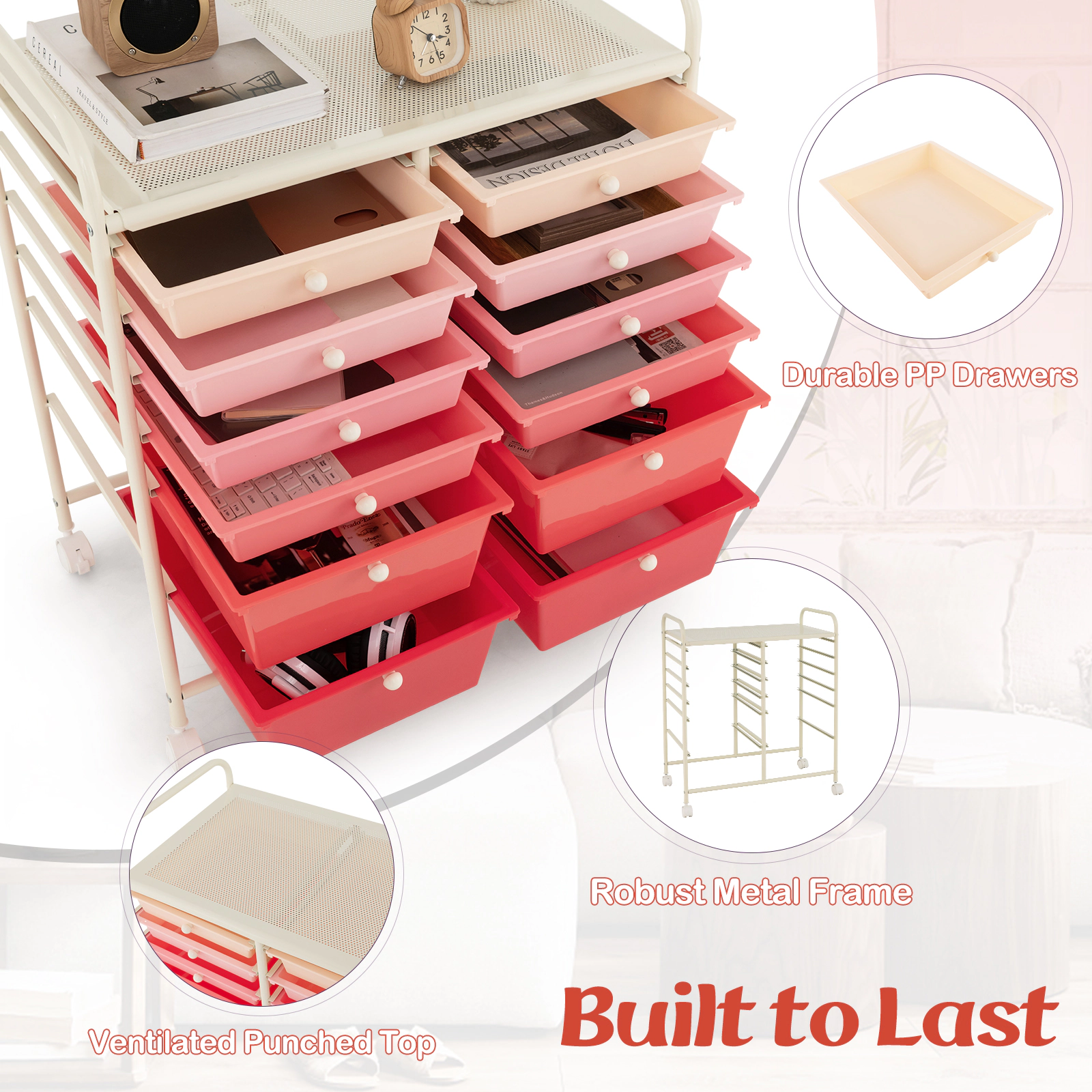 SUGIFT 12-Drawer Rolling Storage Cart with Removable Drawers and 23-in Top Pink
