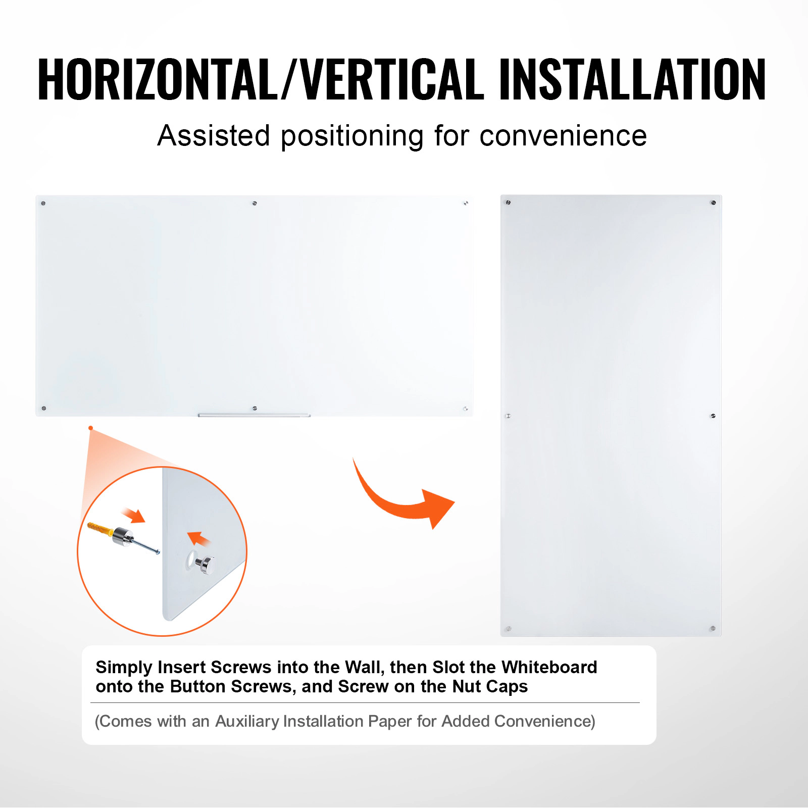HONGGE Magnetic Glass Whiteboard Dry Erase Board Wall-Mounted Large White Glassboard Frameless with Marker Tray an