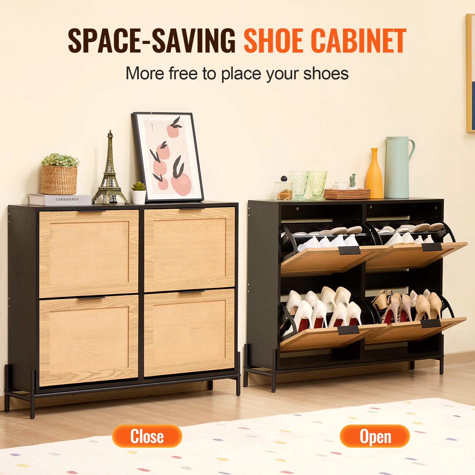 HONGGE Narrow Rattan Shoe Cabinet with Flip Drawers, Slim Entryway Storage Organizer with Metal Legs for Closet Hallway
