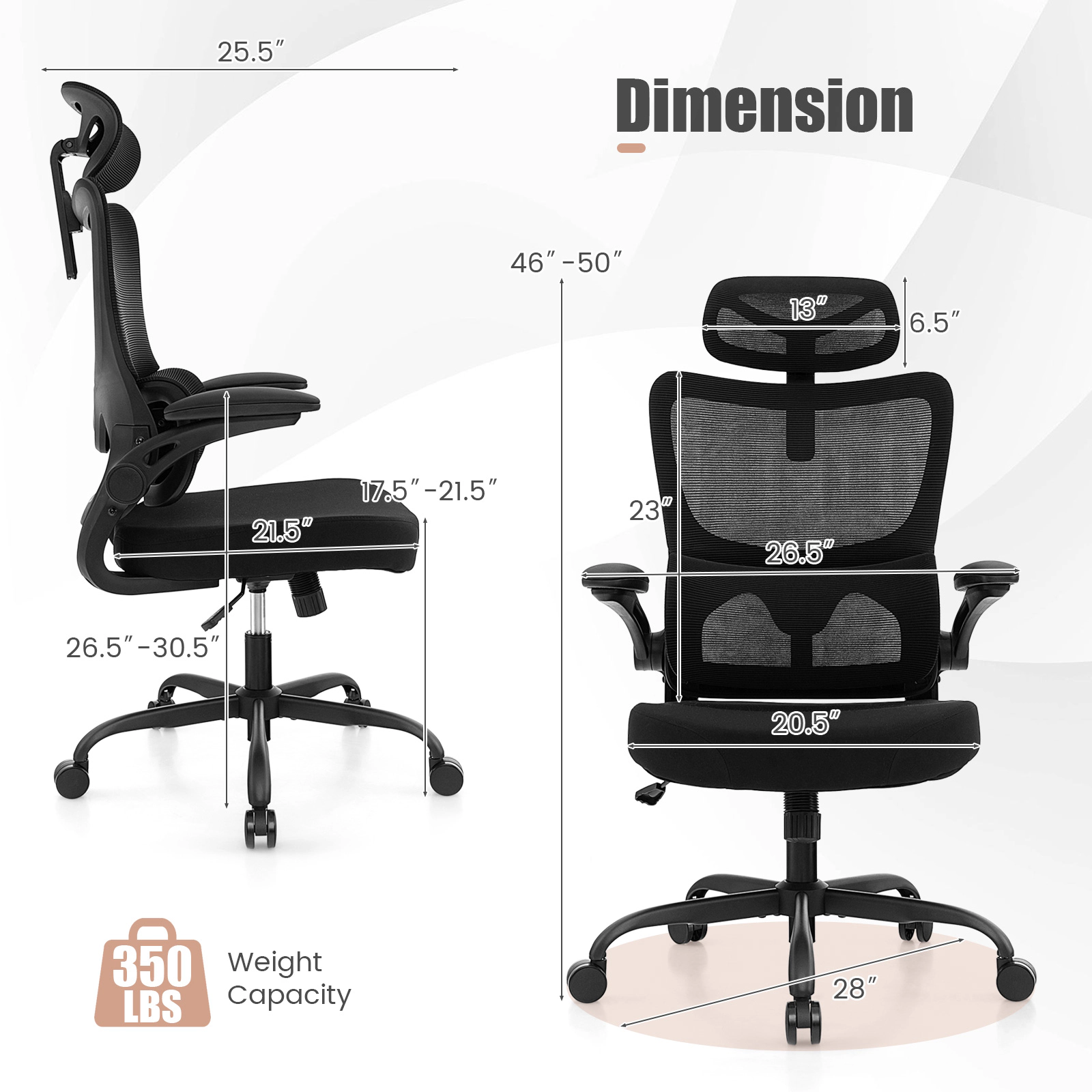 SUGIFT Adaptive Lumbar Support Flip-up Armrests Reclining Mesh Office Chair 25.5-in x 25.5-in x 45.5-in 300-lb Black