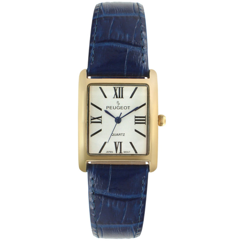 Peugeot Women's Tank Watch Roman Dial Blue Leather Strap