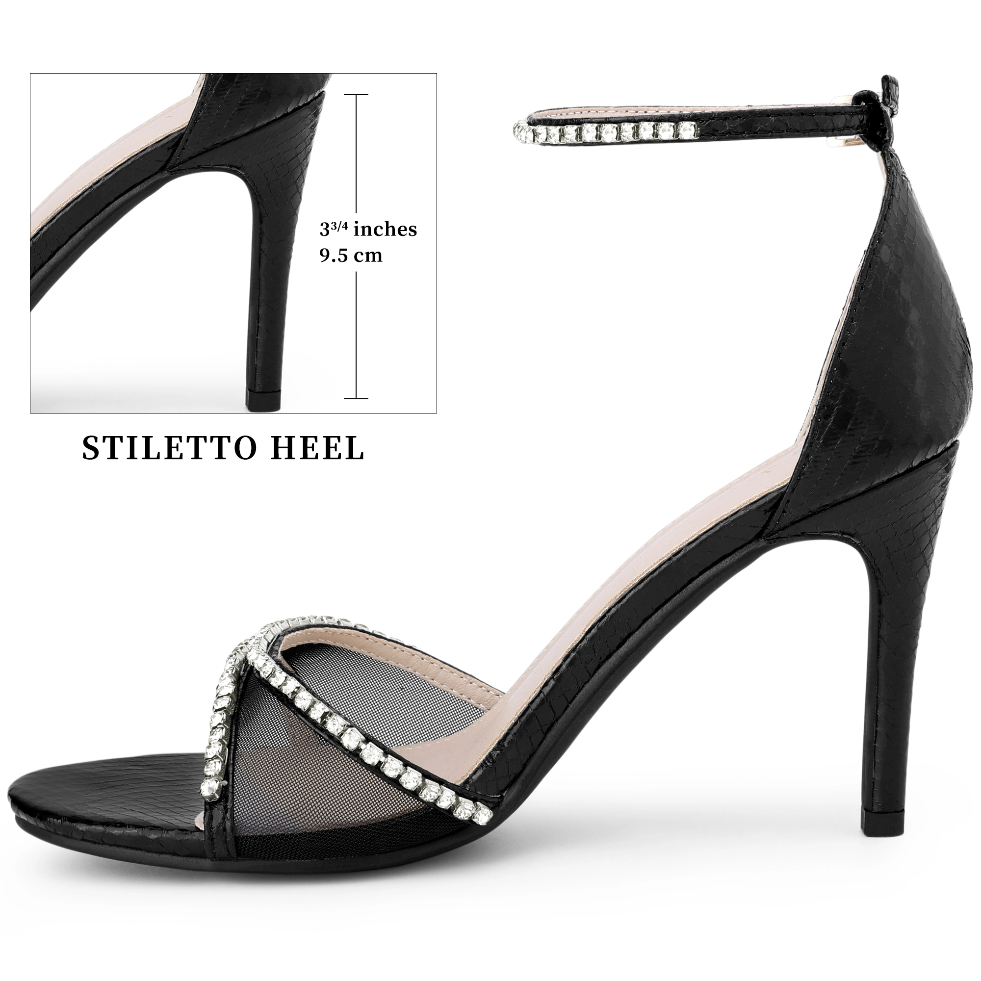 BLISSFUL STEP Women's Rhinestone Mesh Open Toe Stiletto Heels Ankle Strap Sandals