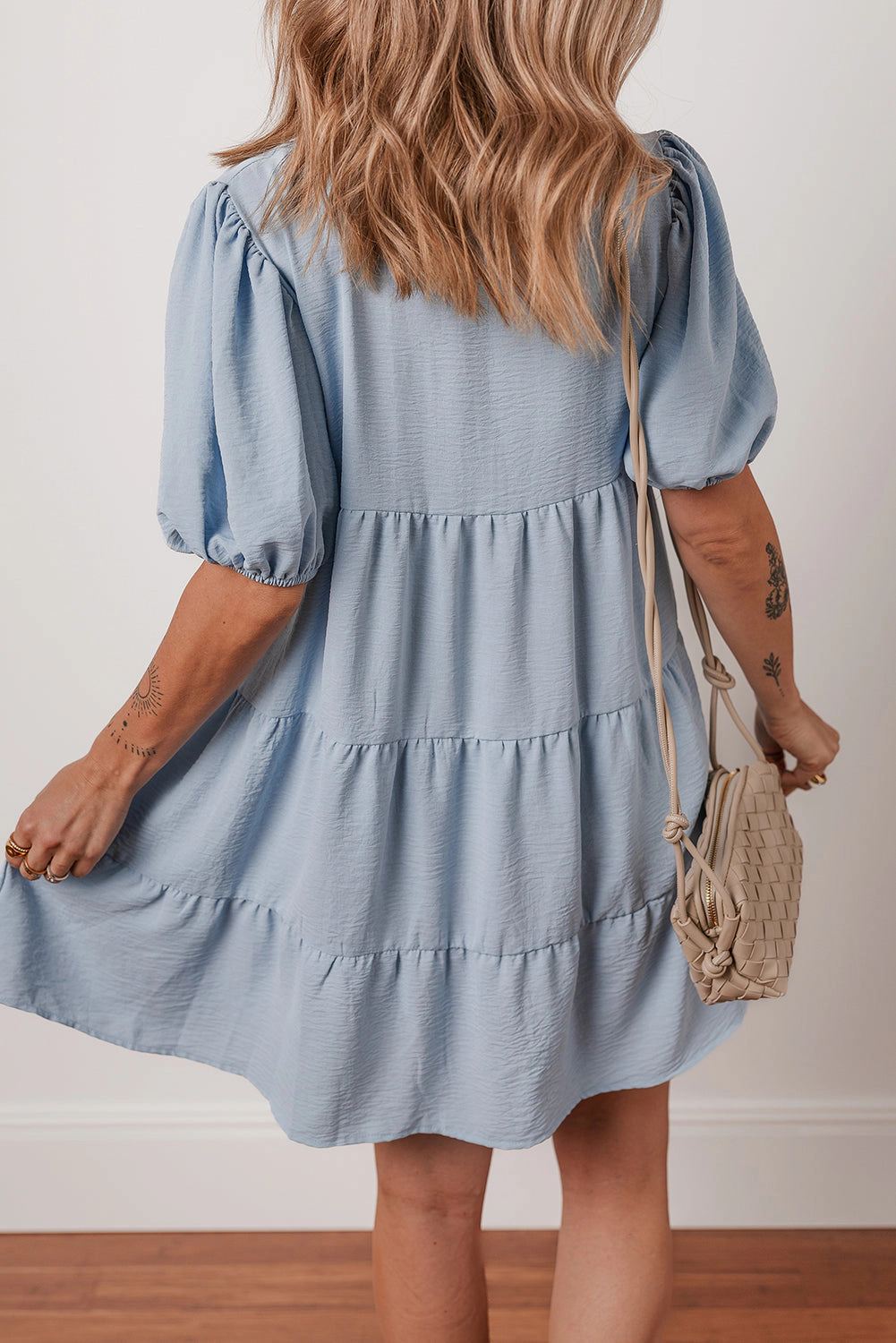 Threaded Pear Women's Arya Shirt Collar Button Up Puff Sleeve Tiered Dress