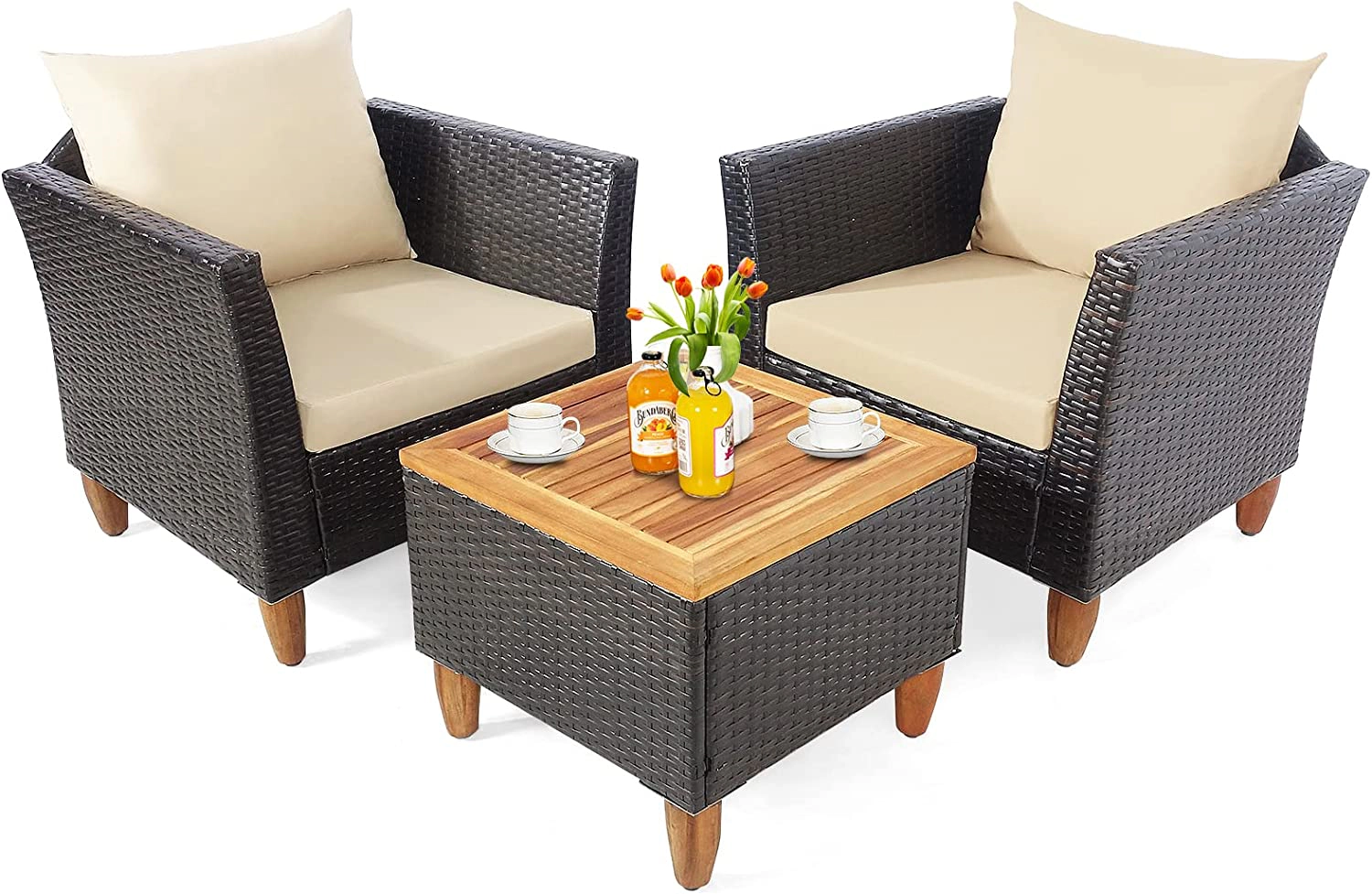 SUGIFT Beige Acacia Wood Table Top and Thick Cushions 3-Piece Patio Rattan Bistro Set