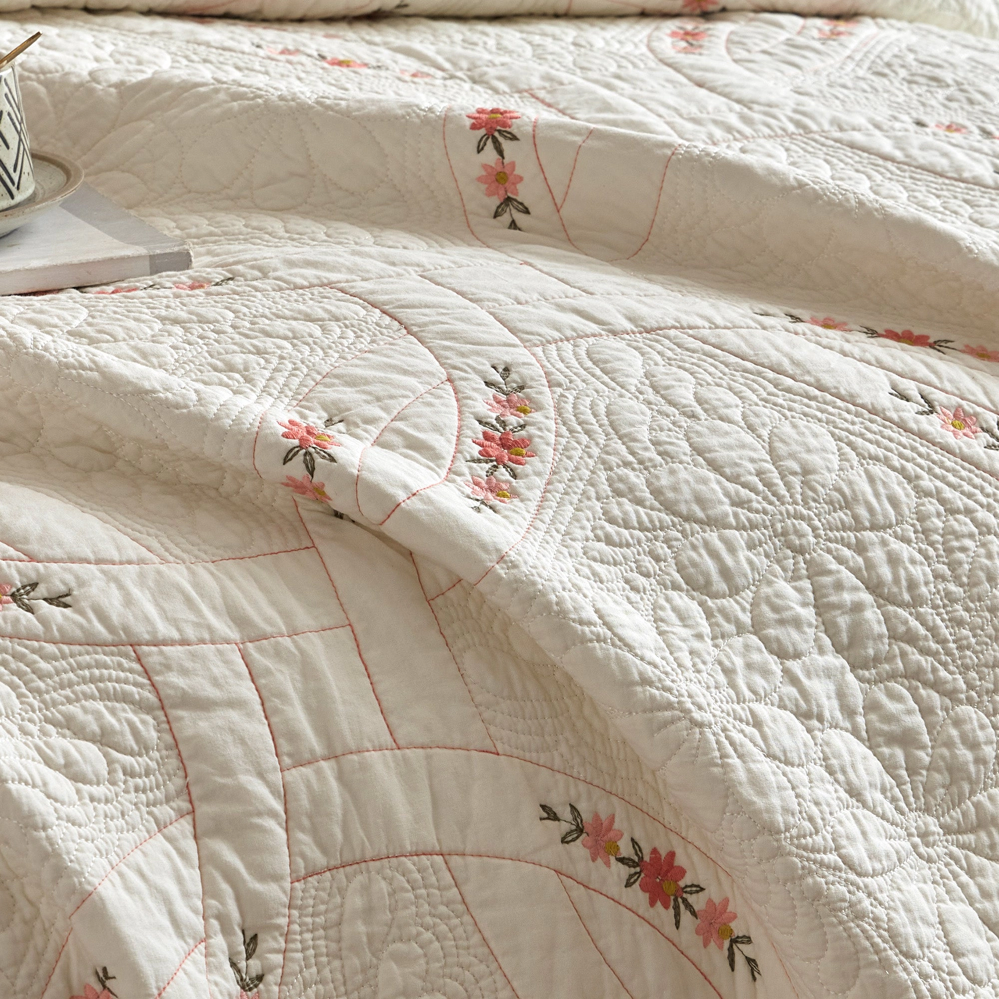 MarCielo 3 Piece 100% Cotton French Country Floral Embroidered Quilt Bedspread Set
