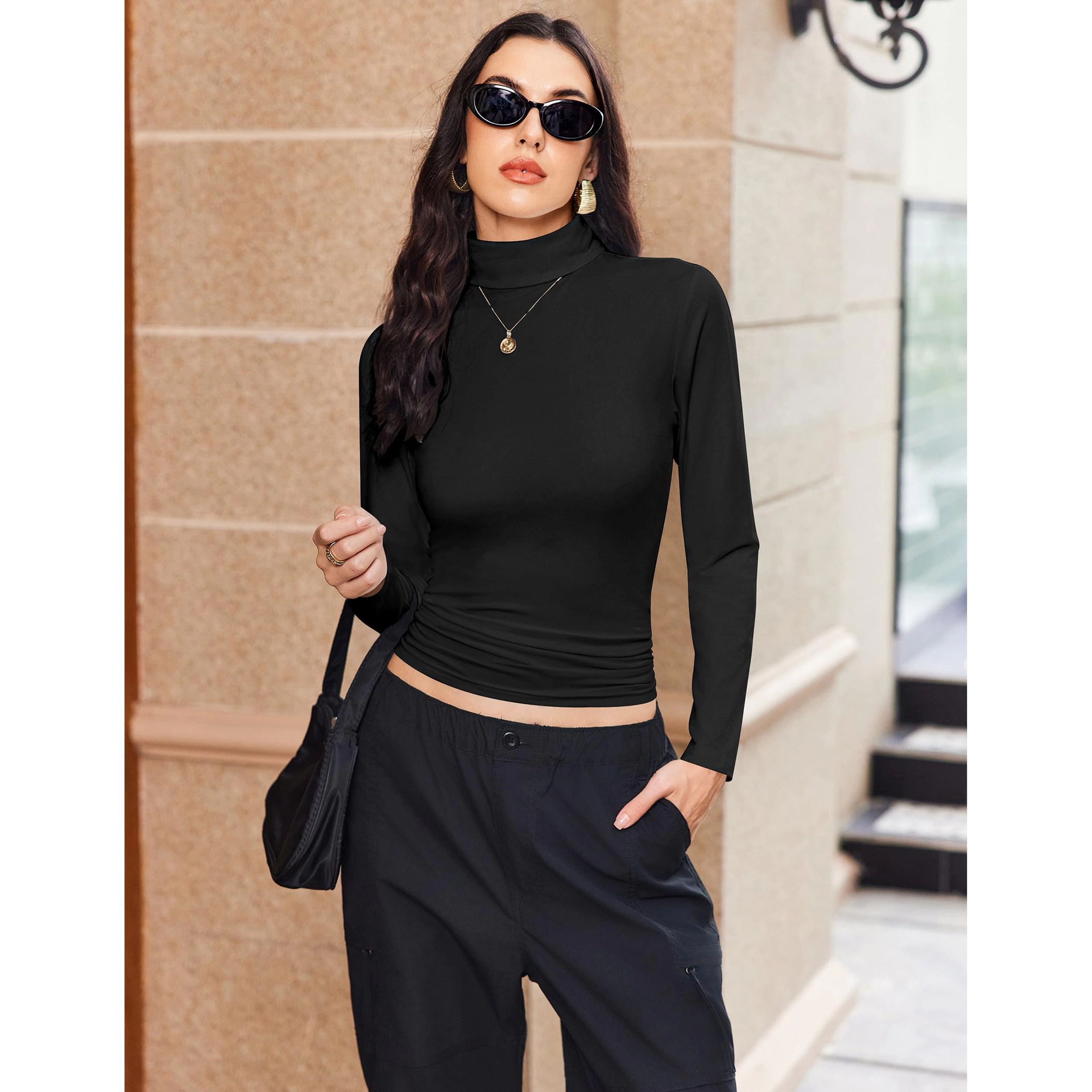 Ekouaer Womens Three Piece Turtleneck Long Sleeve Shirts Basic Slim Fit Soft Thermal Underwear Tops