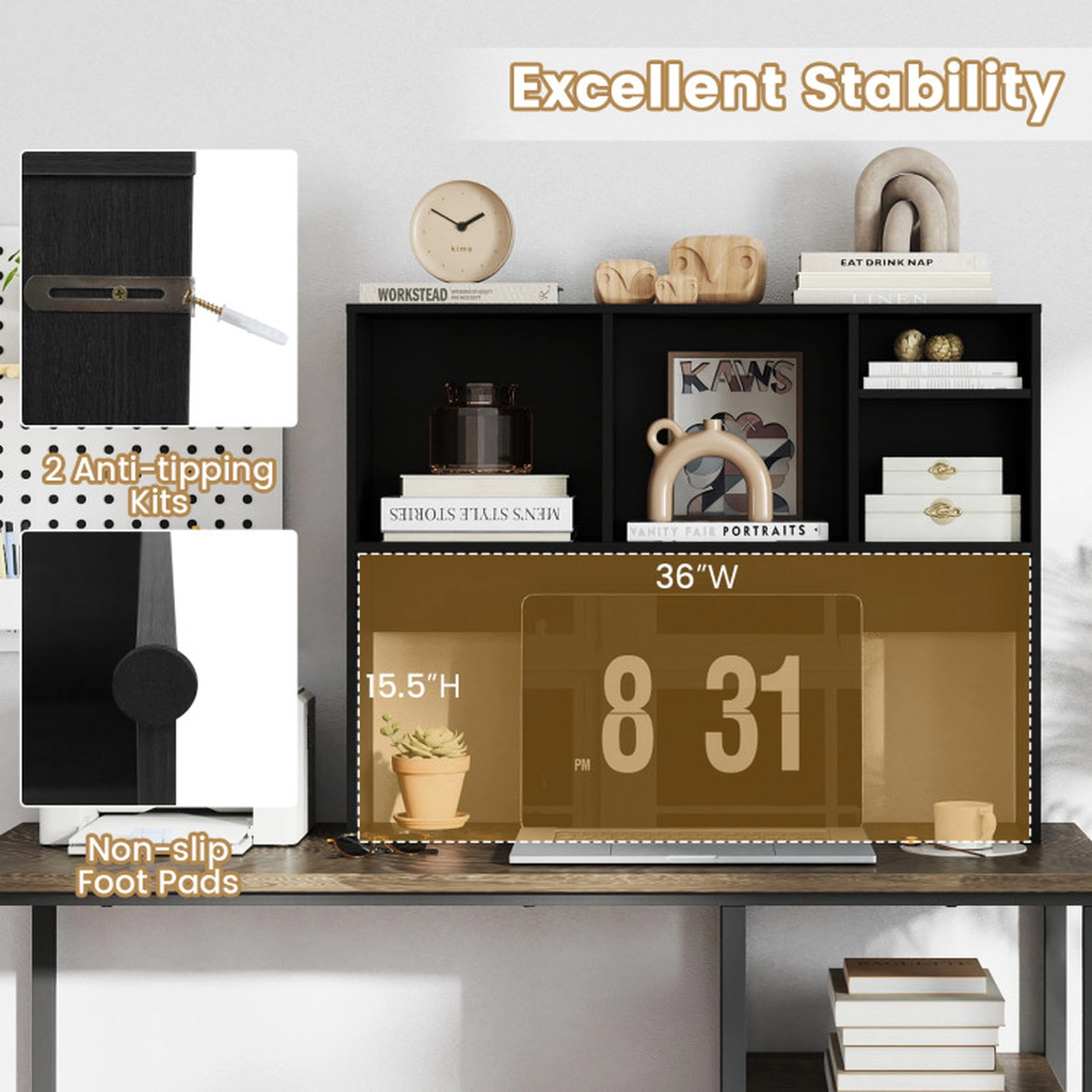 SUGIFT 4-Cubby Natural Desktop Bookshelf Hutch with Open Back Bay 37-in W 29-in H 145-lb Total Capacity