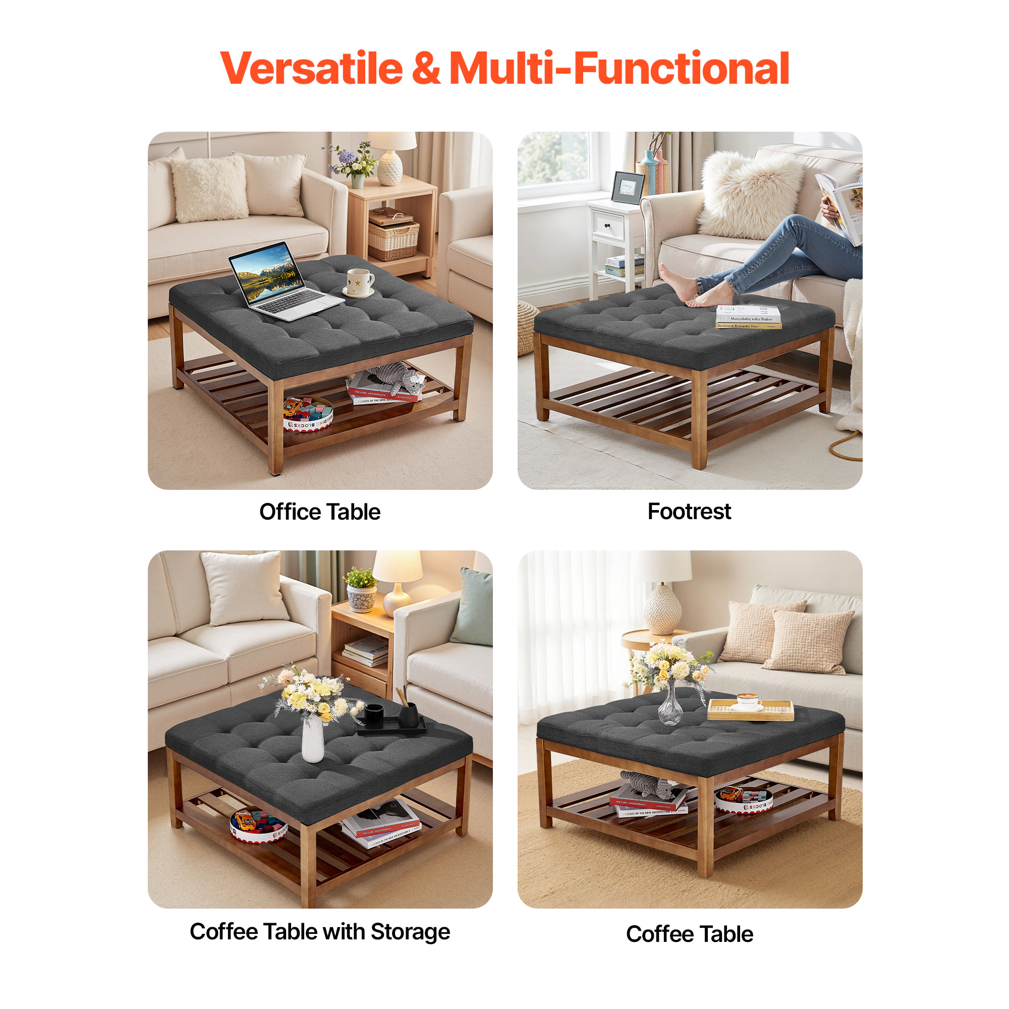 HONGGE Large Ottoman Coffee Table, Tufted Table with Solid Wood Shelf Storage