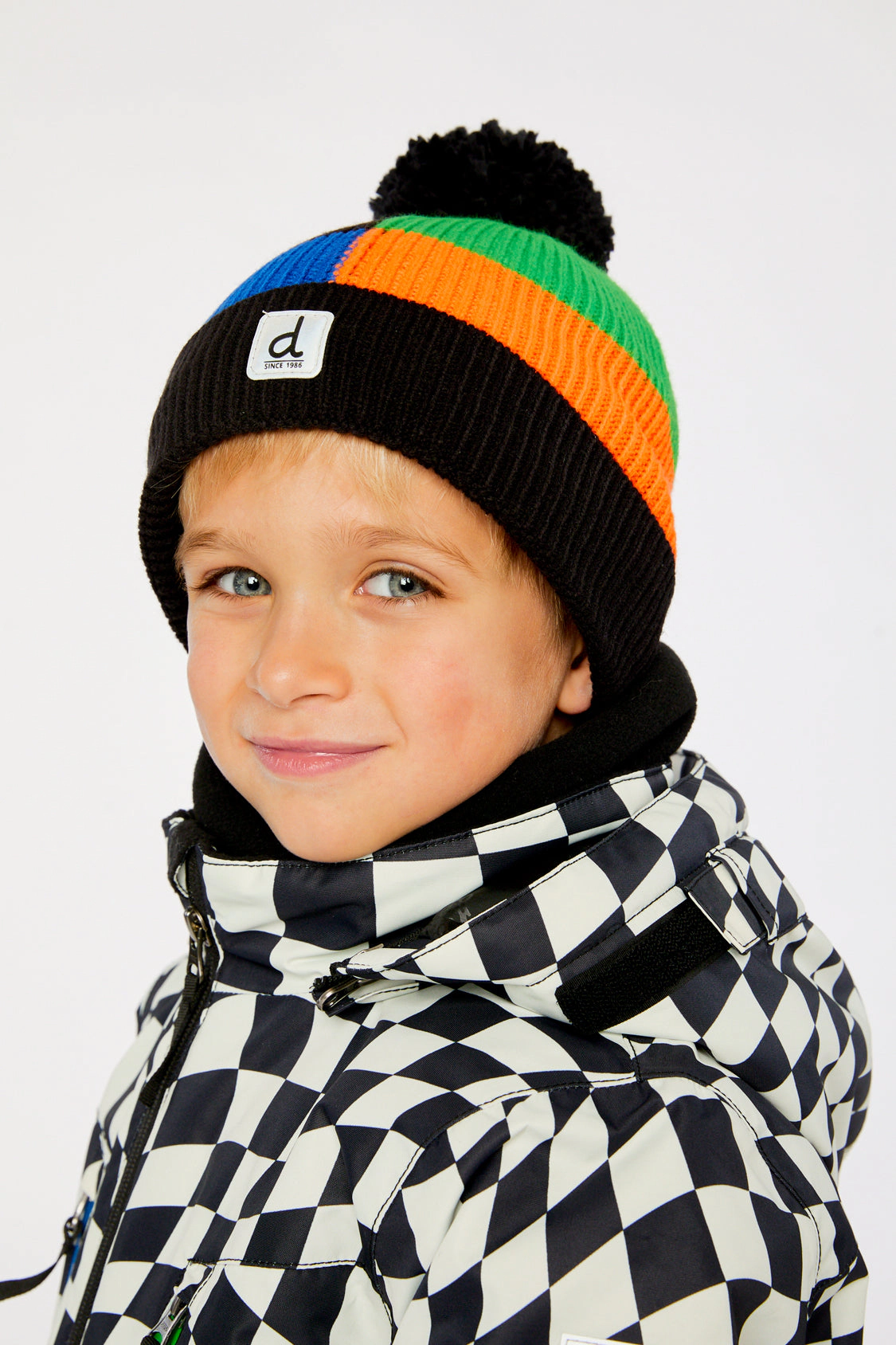 Deux par Boys Winter Knit Hat with Pompom and Color Block Tiles