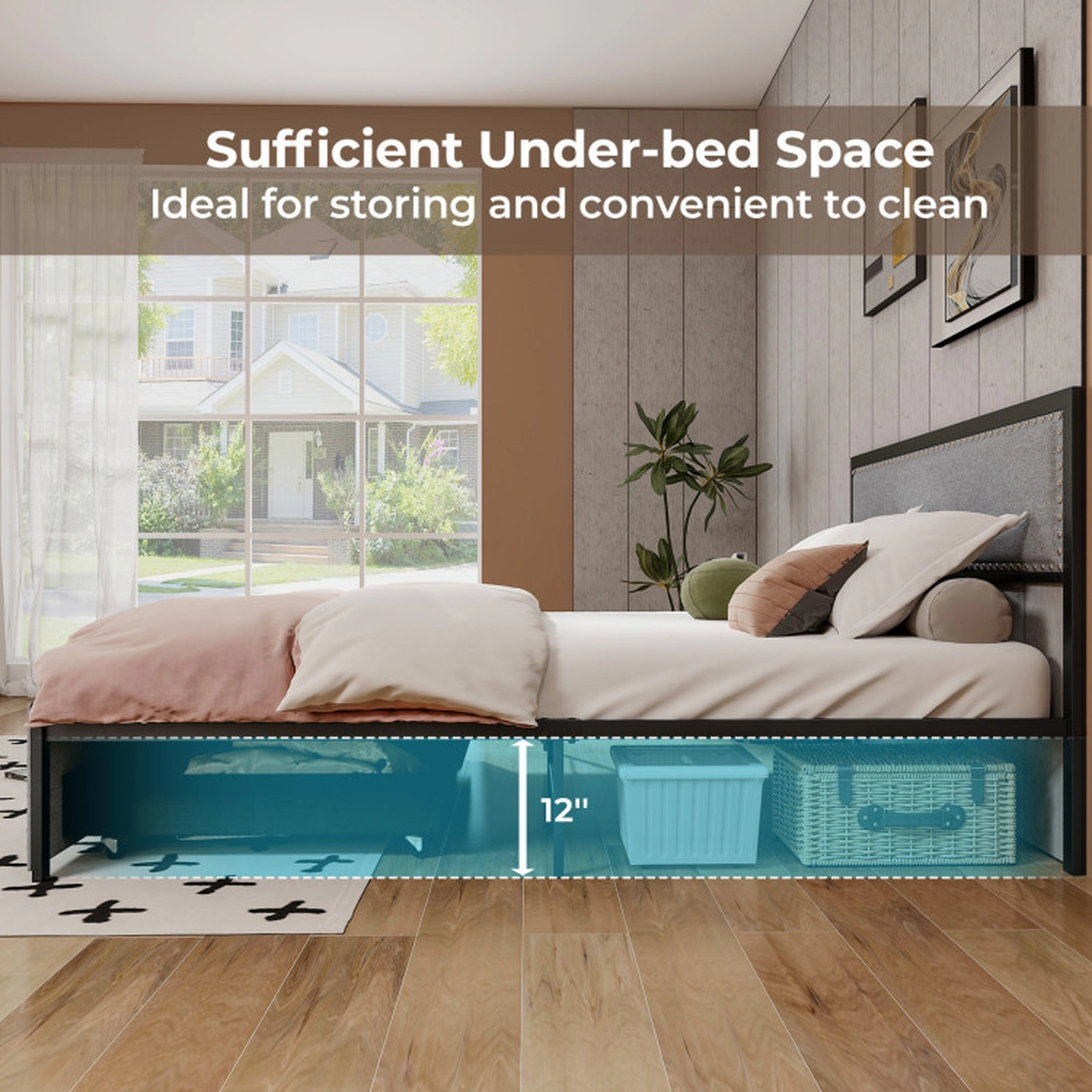 SUGIFT Gray LED Lights Storage Drawer and Metal Slats Queen Size Upholstered Bed Frame