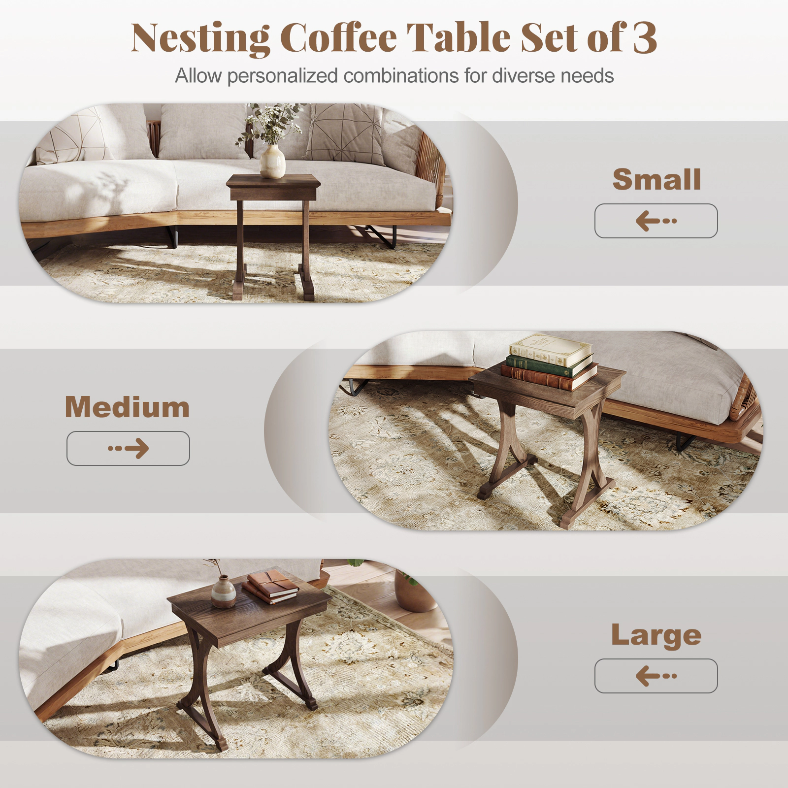 Glintex 3-Piece Nesting Coffee Table Set with Solid Rubber Wood Legs, Brown