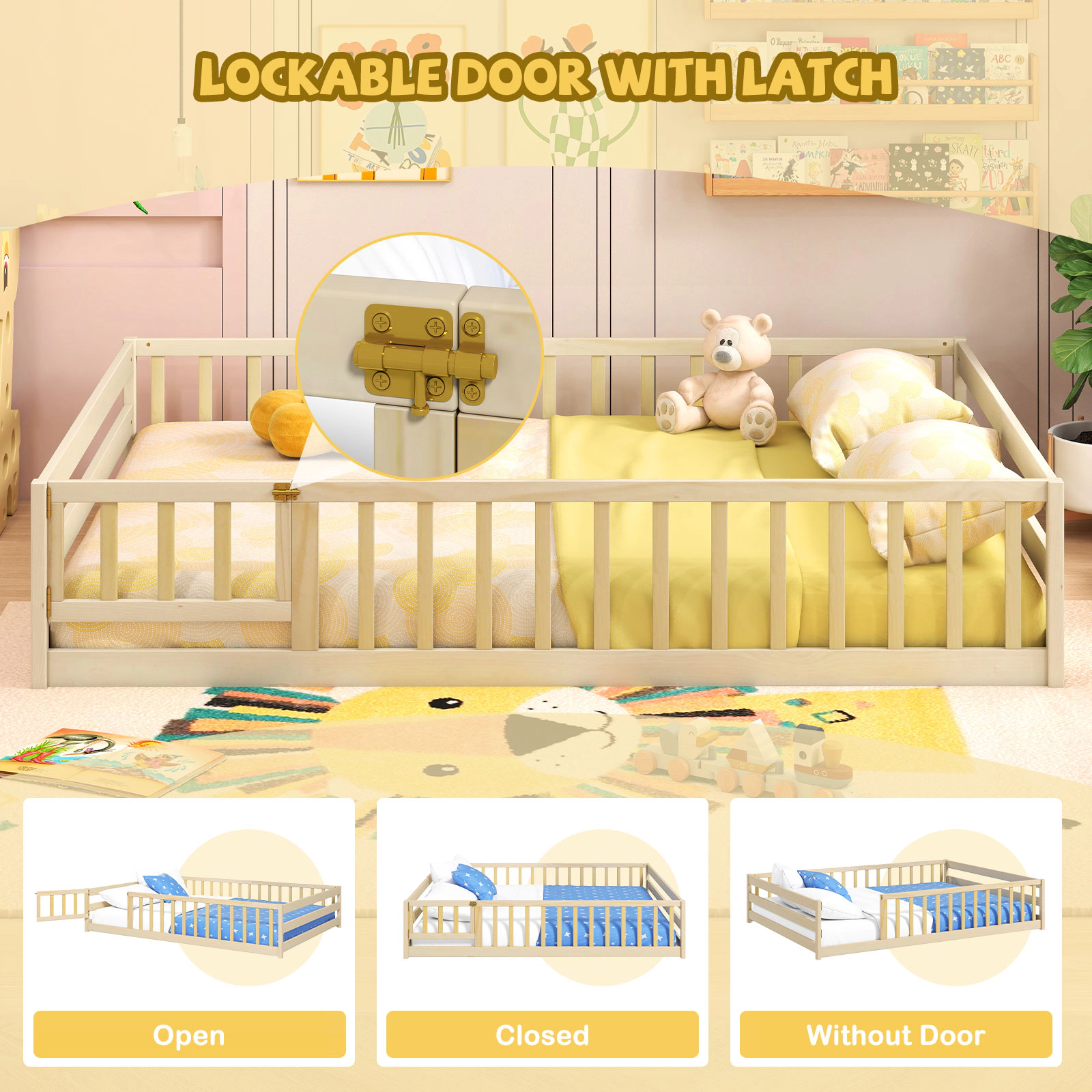 SUGIFT Full Size Floor Montessori Toddler Bed with Full Length Safety Guardrails and Lockable Door 77-in Frame Natural