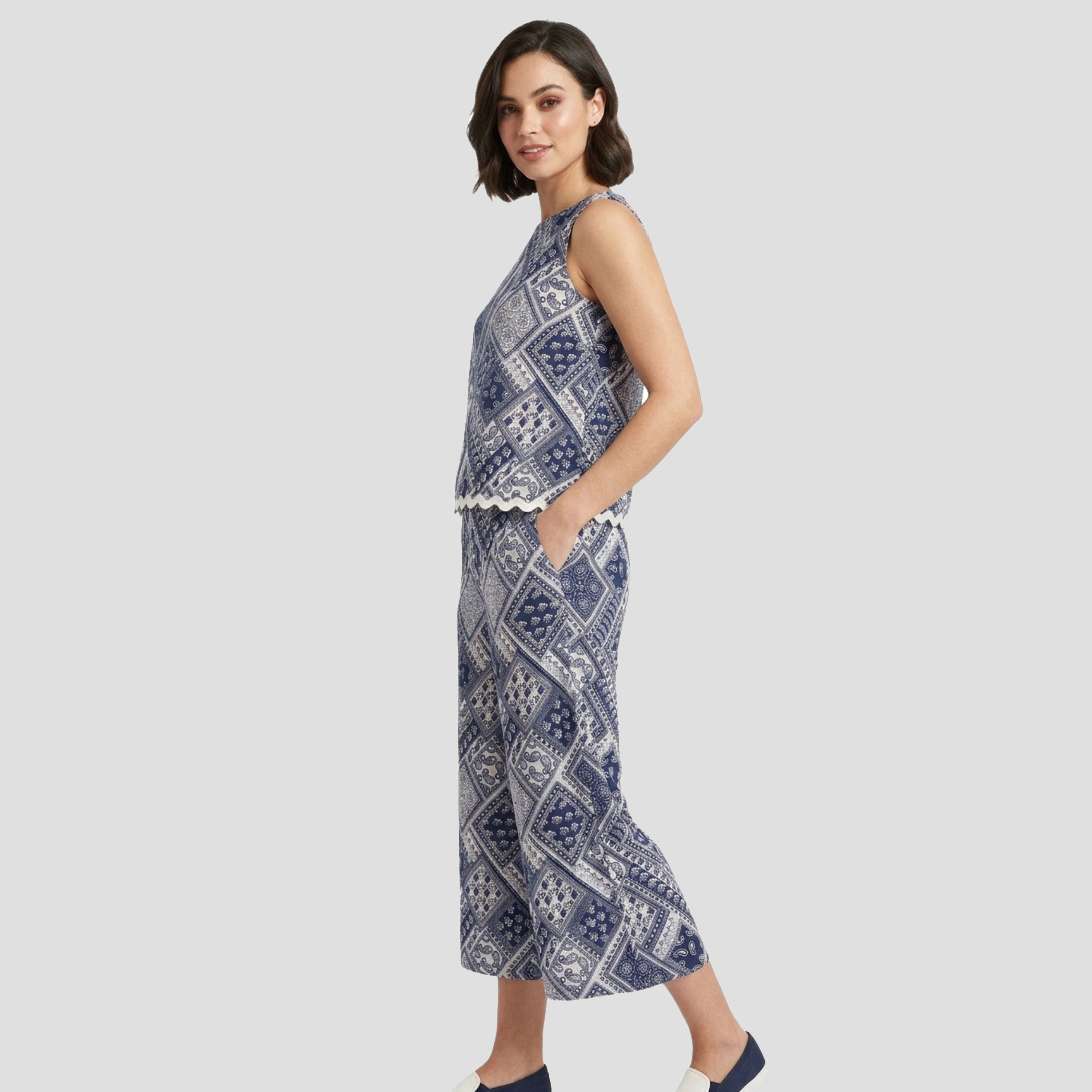 Artyska Women's Patchwork Print Sleeveless Top & Wide-Leg Cropped Pants 2-Piece Set