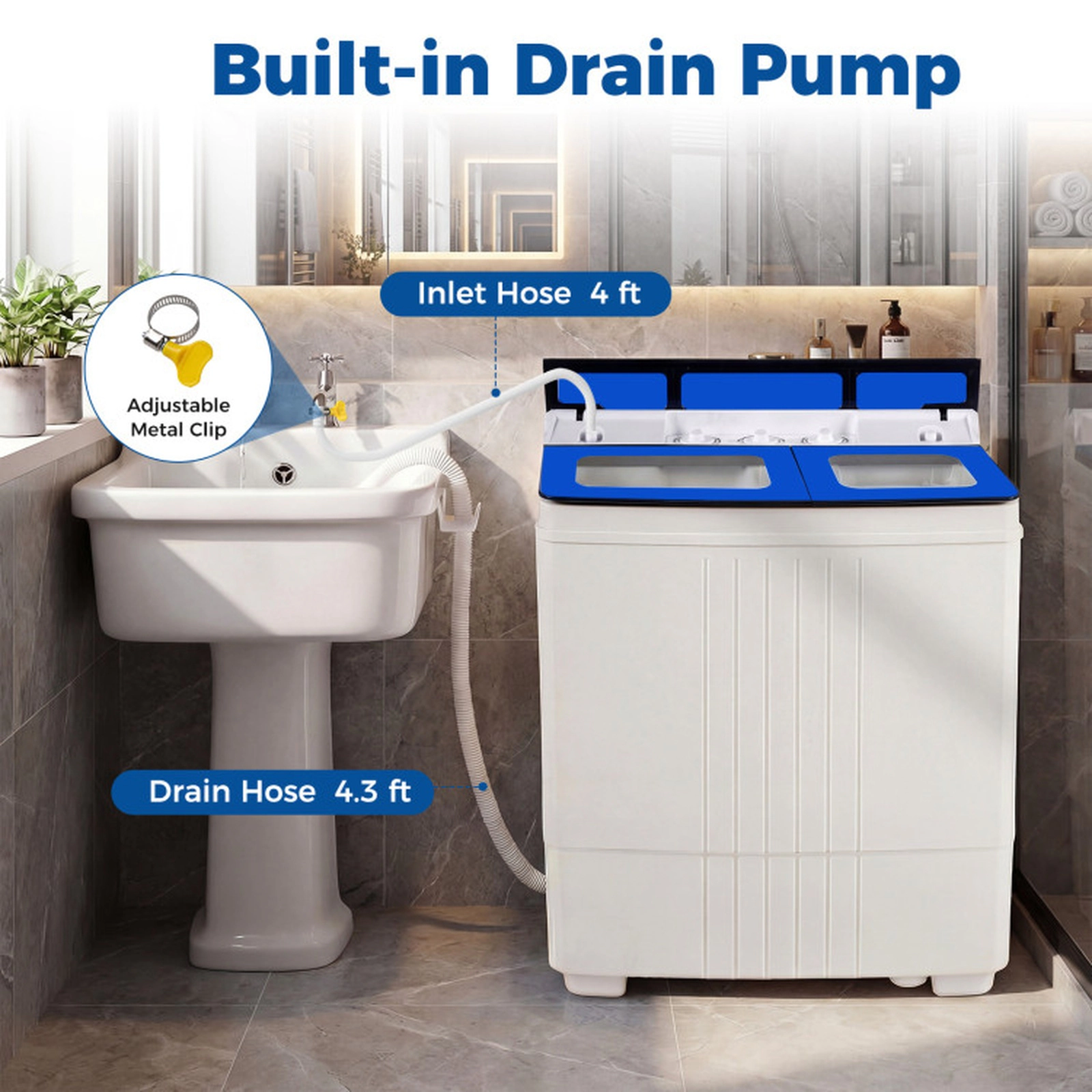 SUGIFT Twin Tub Portable Washing Machine with 12-lb Washer and 8-lb Spinner with Built-in Drain Pump for Apartments Blue