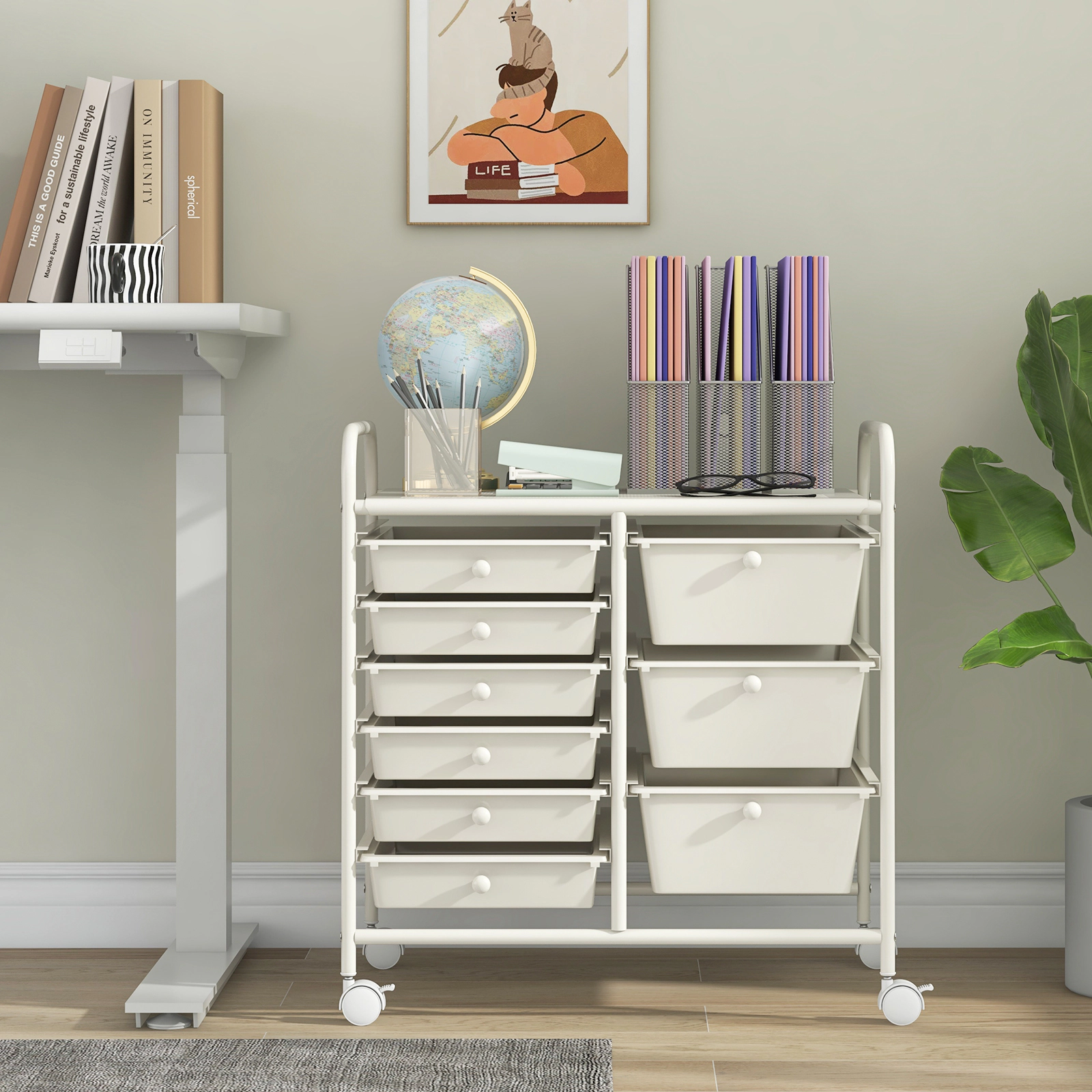 SUGIFT 9-Drawer Rolling Storage Cart with Metal Frame and PP Drawers 22-lb Tabletop Capacity White
