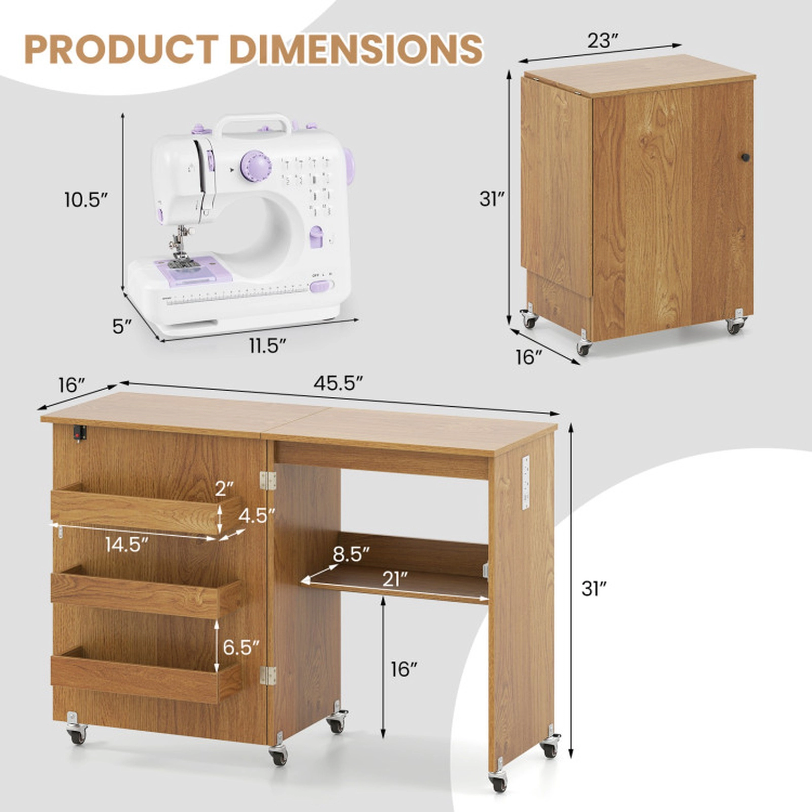 SUGIFT Folding Sewing Machine Desk with Charging Station and Lockable Casters 45-lb Capacity Brown/Natural/White &