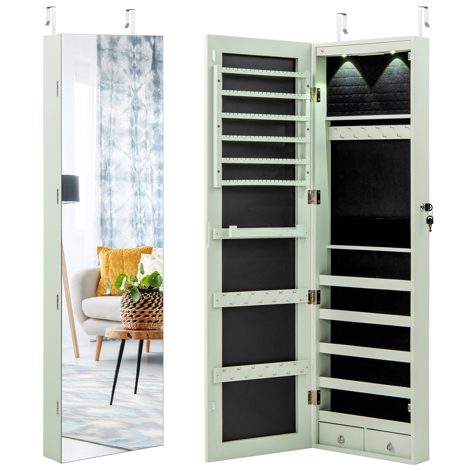 SUGIFT White Wall and Door Mounted Jewelry Armoire with LED Lights 6 Shelves 4-in D 54.5-in H