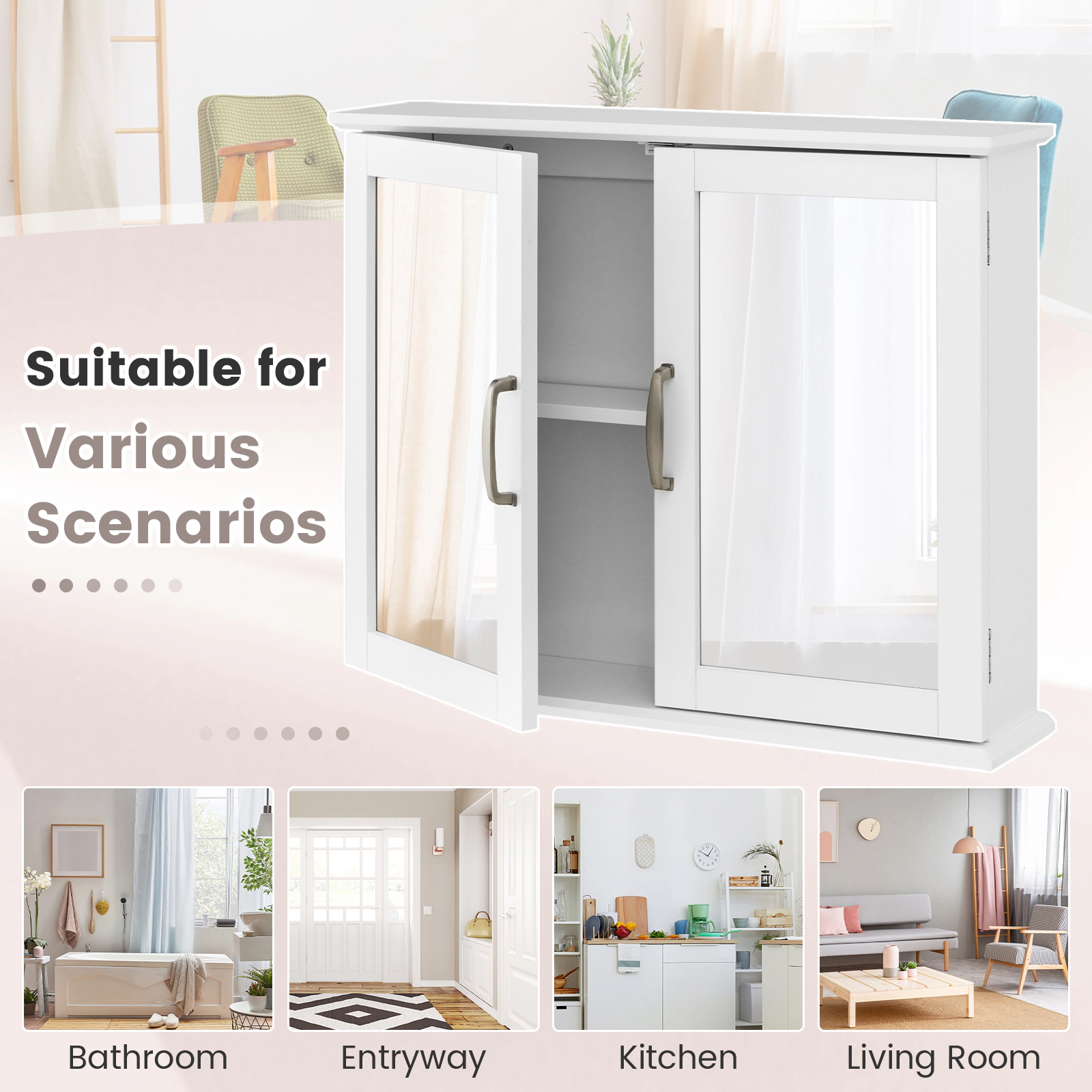 Slickblue Wall Mounted Bathroom Mirror Cabinet with Double Doors and Interior Storage