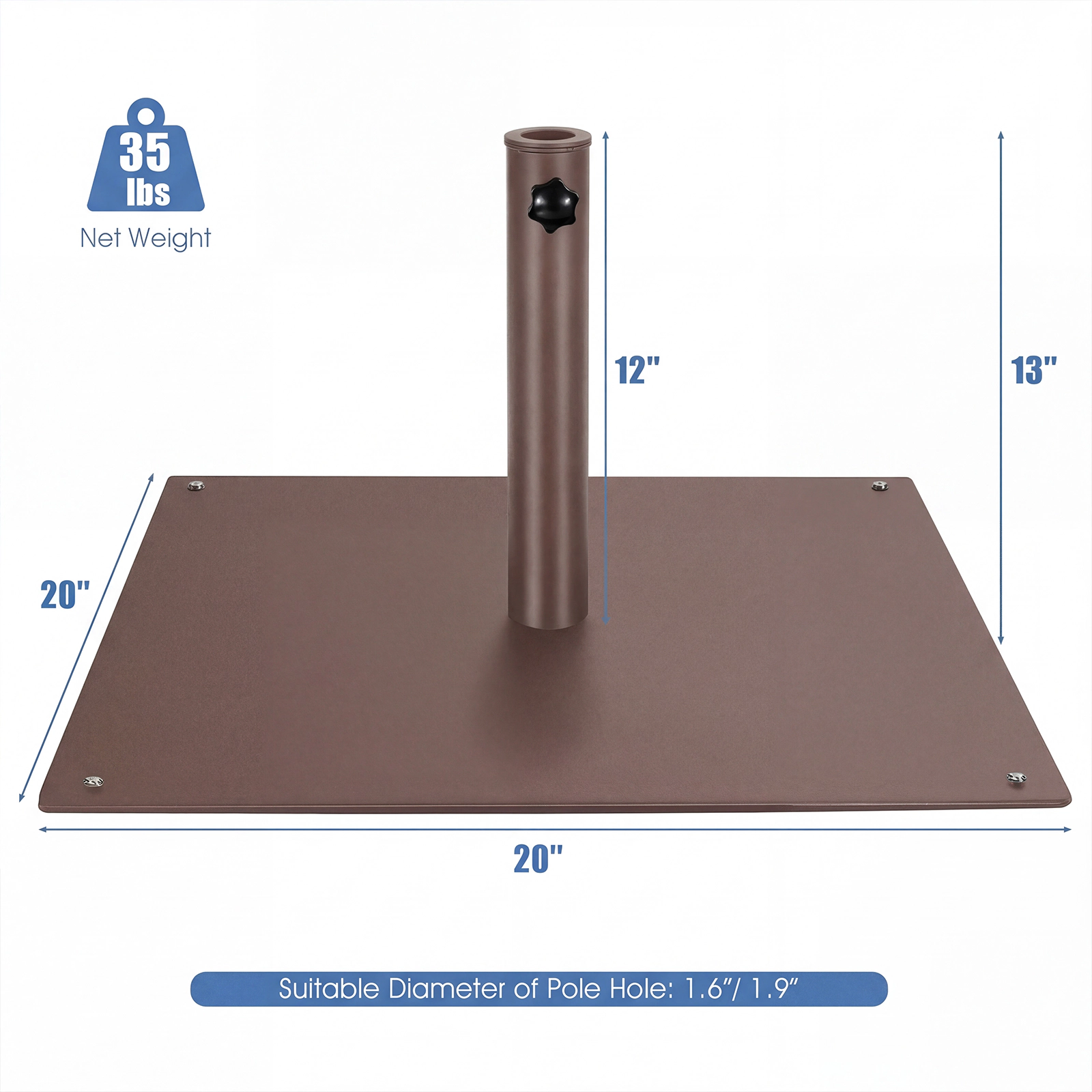 SUGIFT 20-in Square Patio Umbrella Base Stand 4 Adjustable Footpads for 1.6-1.9-in Diameter Poles 35-lb Weight Black