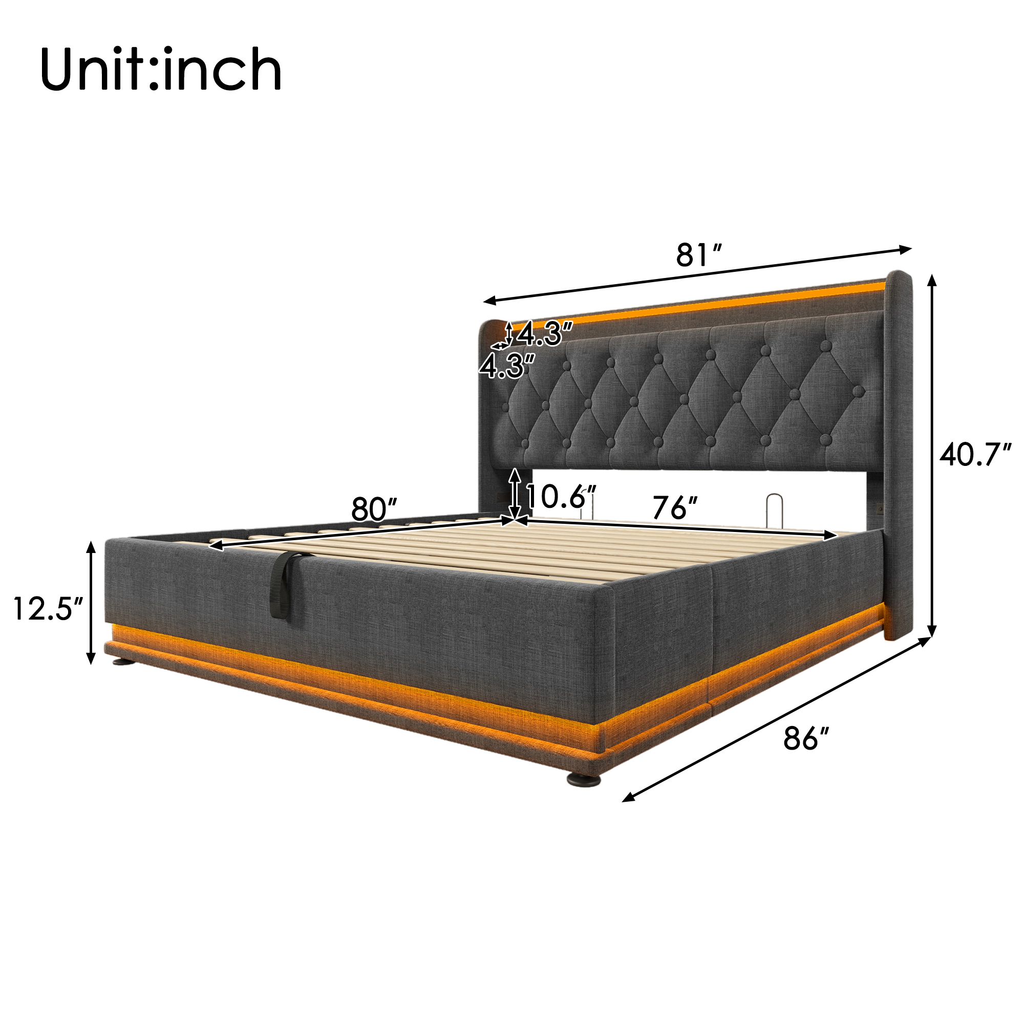 Flynama King Upholstered Bed with 360° LED, Hydraulic Lift Storage, USB-C Charging, Gray Linen