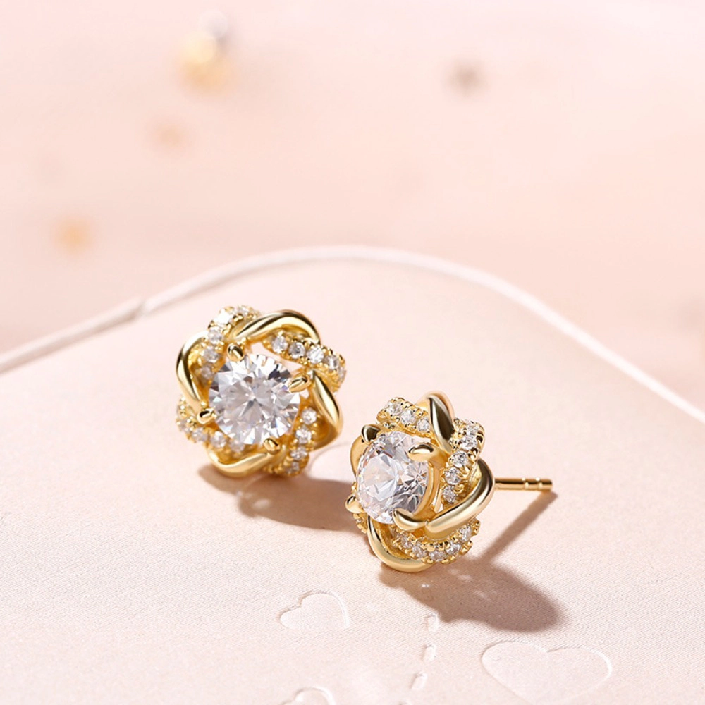 Plated Round Cubic Zirconia Inlaid Creative Exquisite Flower Design Stud Earring