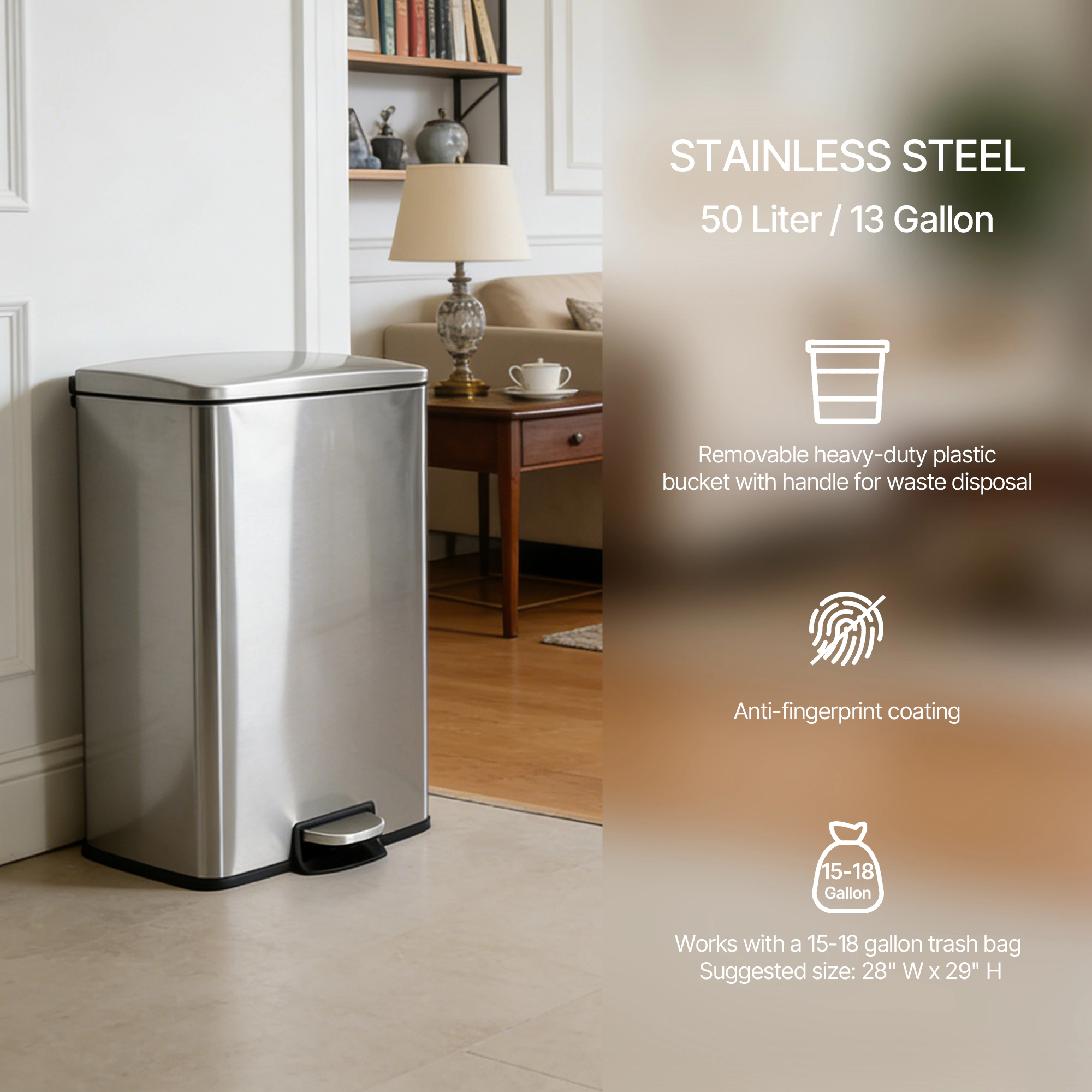 Innovaze 13 Gal./50 Liter Rectangular Stainless Steel Step-on Trash Can for Kitchen