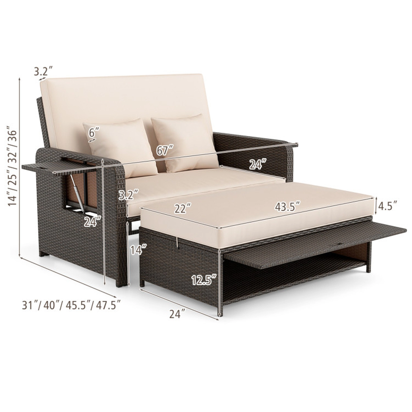 SUGIFT 4-Position Adjustable Outdoor Patio Daybed Chaise Lounge Loveseat with Storage Ottoman 800-lb Capacity Mix Brown