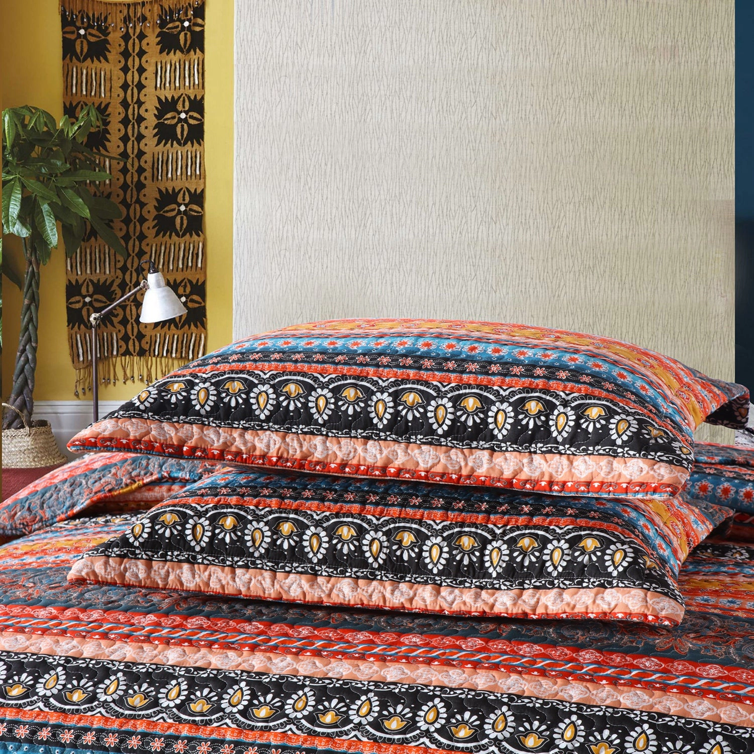 MarCielo 3 Piece Boho Quilt Bedspread Set, Tribal Striped Coverlet with 2 Pillowshams