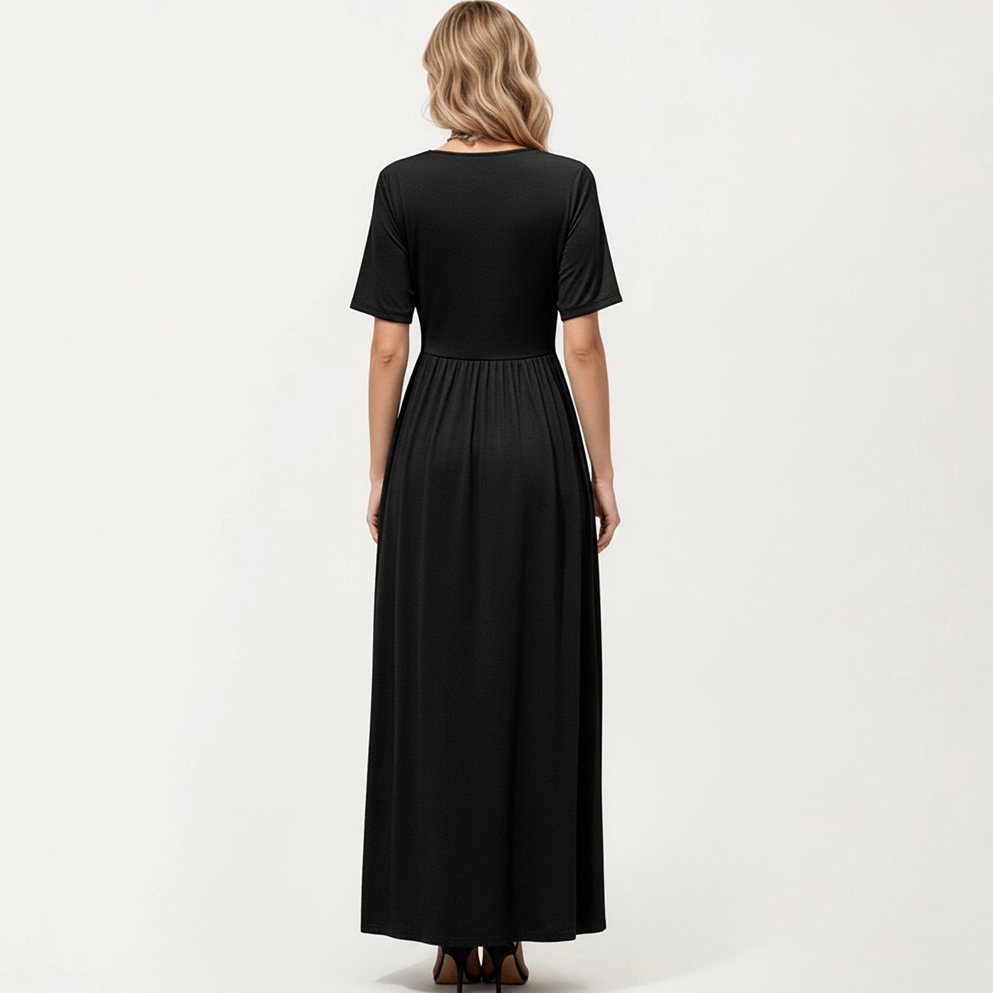 Anna-Kaci Women's Short Sleeve Lace Trim V Neck Side Slit Maxi Dress