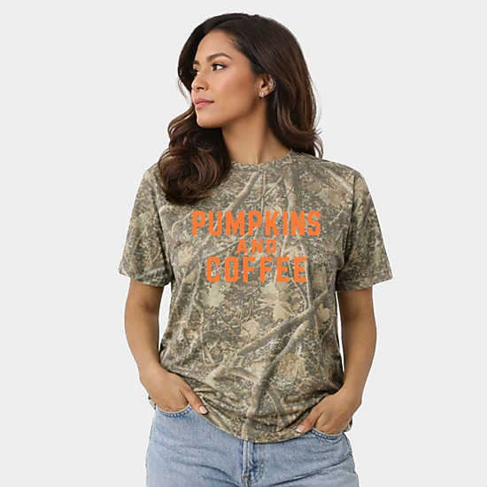 Simply Sage Market - Women's Heavyweight Camo Tee - Pumpkins And Coffee Orange