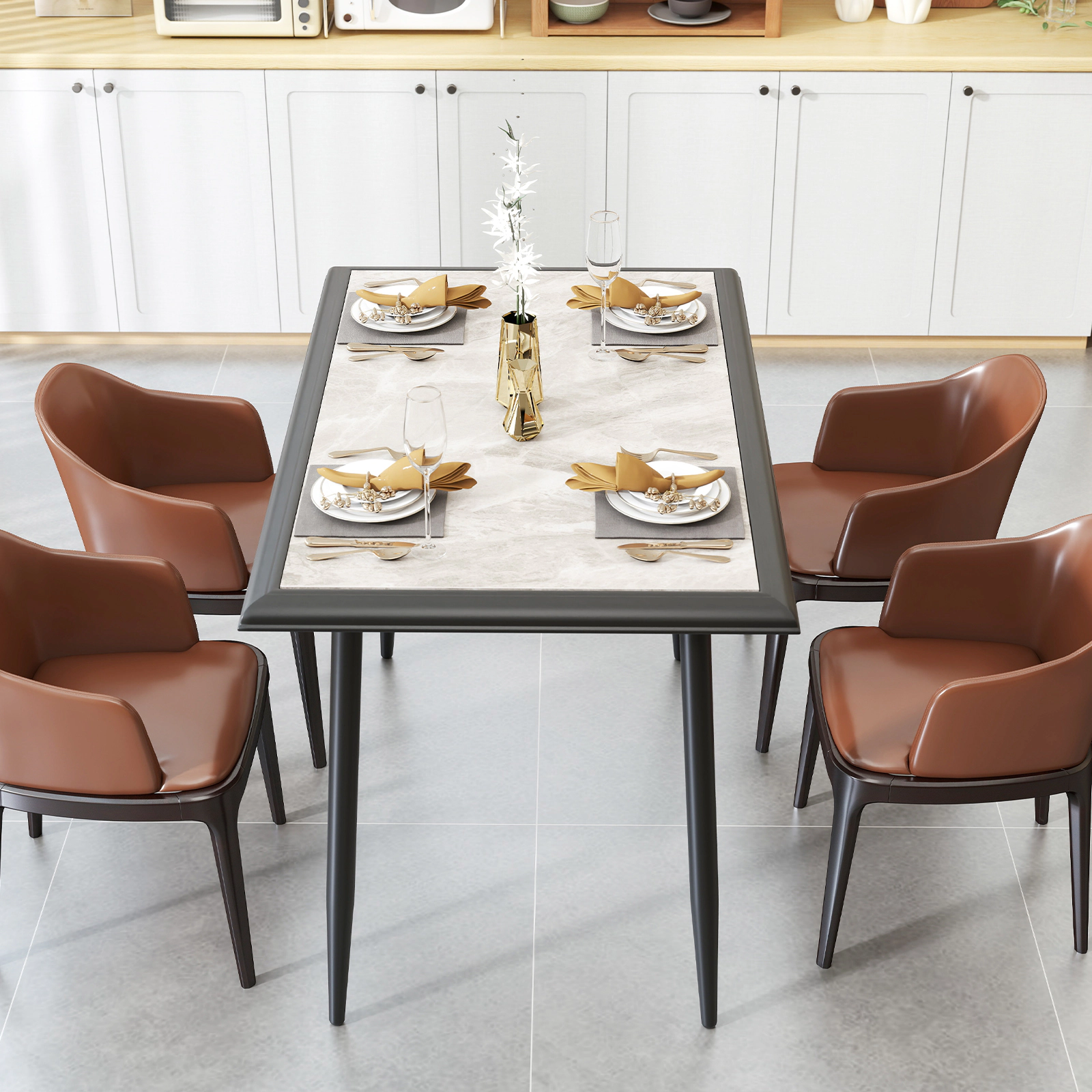 LJG 44" Sintered Stone Rectangular Dining Table with Metal Frame for Kitchen and Dining Room