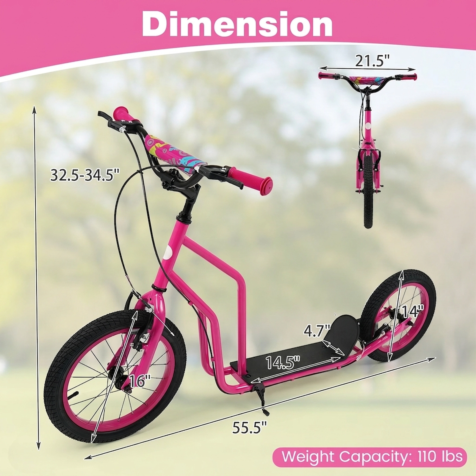 SUGIFT Pink 110-lb Capacity Kick Scooter with 16-in Front and 14-in Rear Inflatable Wheels and Hand Brakes