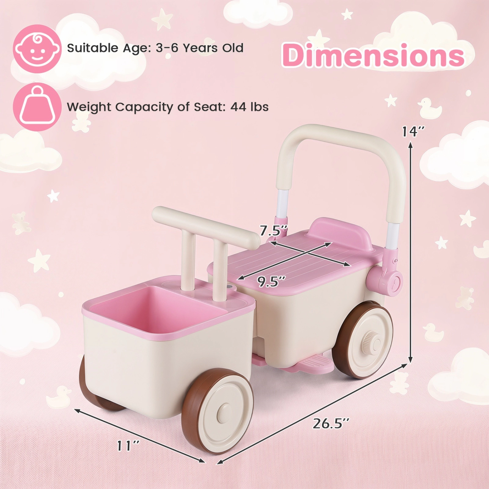 3-in-1 Kids Ride On Push Car Foldable Push Handle Tow Rope Storage Basket Toddler Push Walker Ages 3-6 Pink