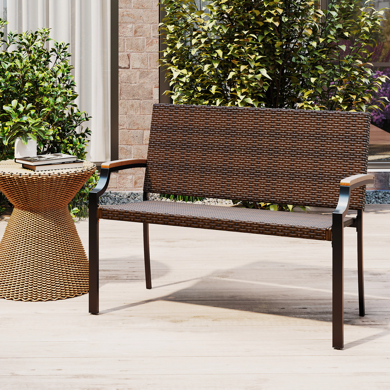 LJG Patio Wicker Loveseat Chair with Acacia Wood Armrests and Metal Frame