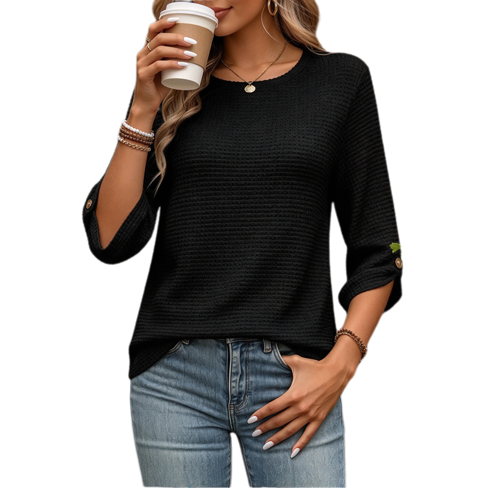 BLUEMING Womens Summer Tops 3/4 Length Sleeve Crew Neck Waffle Knit Pullover Shirts Loose Fit Going Out