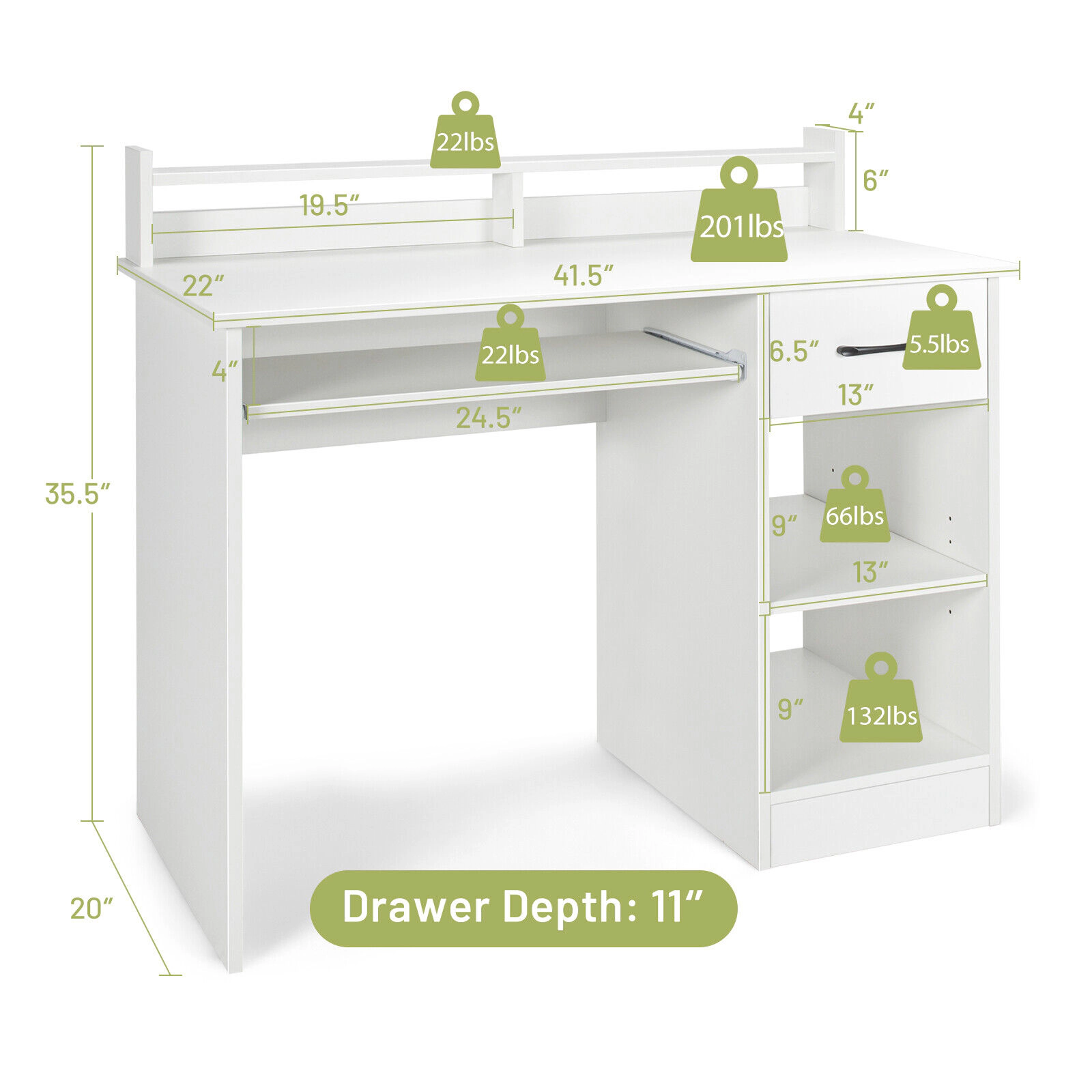 SUGIFT Wide Desktop Study Laptop Desk with Drawer and Keyboard Tray 448.5-lb Total Capacity White/Black